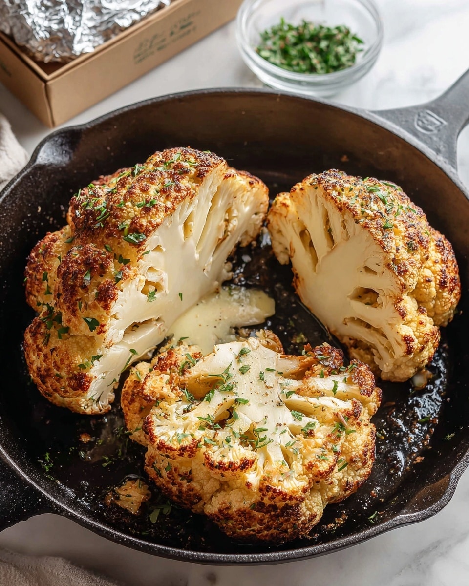The image shows a black cast iron pan with three large cauliflower pieces arranged inside. Each cauliflower piece has a golden-brown crust with a slightly rough texture and is garnished with small green herbs scattered on top. One cauliflower piece is sliced in half, revealing the white, firm core and the smooth, pale inner florets. The pan sits on a white marbled surface, with a small glass bowl containing more green herbs nearby and a box of foil wrapped partially visible in the background. The lighting is soft and natural, highlighting the roasted texture of the cauliflower. photo taken with an iphone --ar 4:5 --v 7