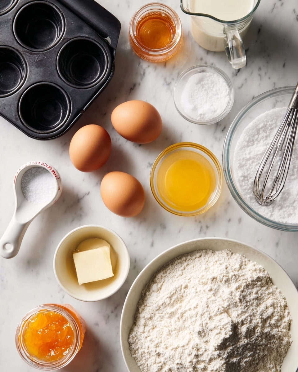 The image shows baking ingredients neatly arranged on a white marbled surface. There are four brown eggs placed in the center. To the right, a glass measuring cup filled with milk and a small glass bowl with melted butter sit side by side. Below the eggs, a large white bowl holds a heap of flour. Nearby, a small white bowl contains coarse salt, and a small glass jar with orange marmalade is visible on the left. A quarter-cup measuring cup with a white handle and a clear mixing bowl with a metal whisk are also in the frame. At the top, there is a black metal cupcake pan with two empty molds. photo taken with an iphone --ar 4:5 --v 7
