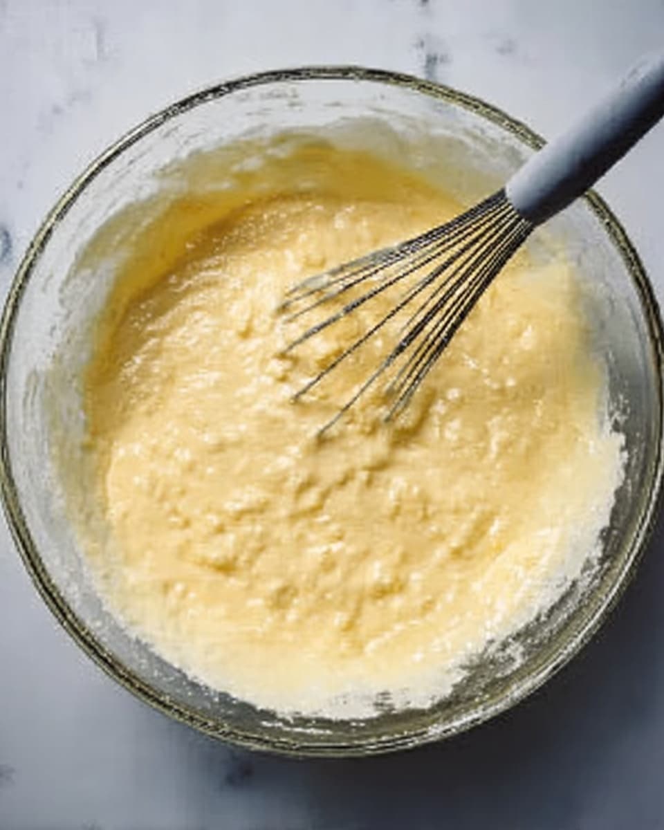 A clear glass bowl sits on a white marbled surface, filled with thick, yellowish batter that has small lumps. A metal whisk with a grey handle is stirring the batter, its wires partially covered in the mixture. The batter fills most of the bowl, showing creamy and slightly bumpy texture. Photo taken with an iphone --ar 4:5 --v 7