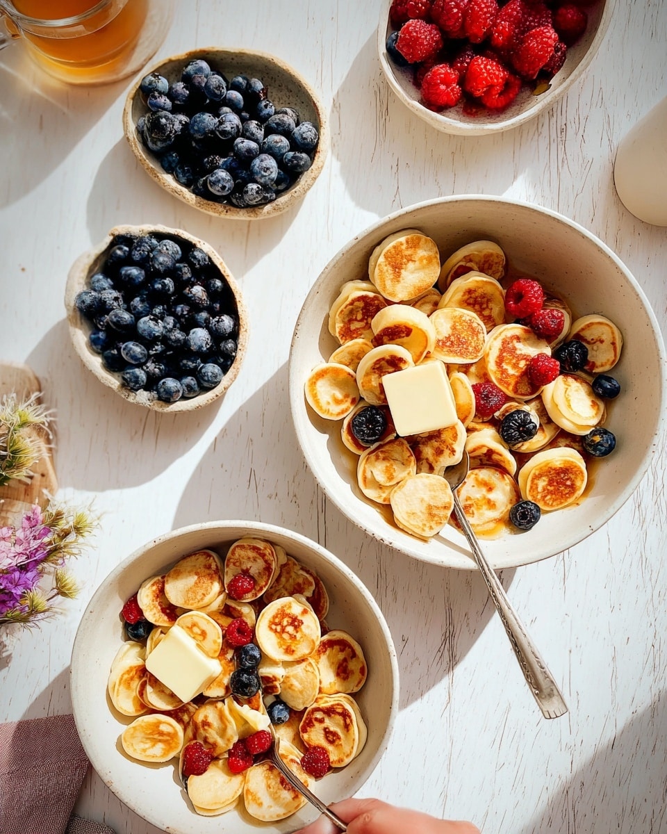 The image shows two white bowls filled with many small, round golden mini pancakes that have a slightly browned texture. One bowl is topped with a square pat of butter melting slightly on the pancakes and scattered blueberries and raspberries. The other bowl has mini pancakes with the same toppings plus a drizzle of dark syrup and some berries. Nearby, there are two small white bowls, one filled with fresh blueberries and the other with raspberries and blueberries. The scene is set on a white marbled wooden surface with some natural light and a small glass of light brown beverage at the top left corner. Woman's hand with a spoon is holding one bowl. photo taken with an iphone --ar 4:5 --v 7