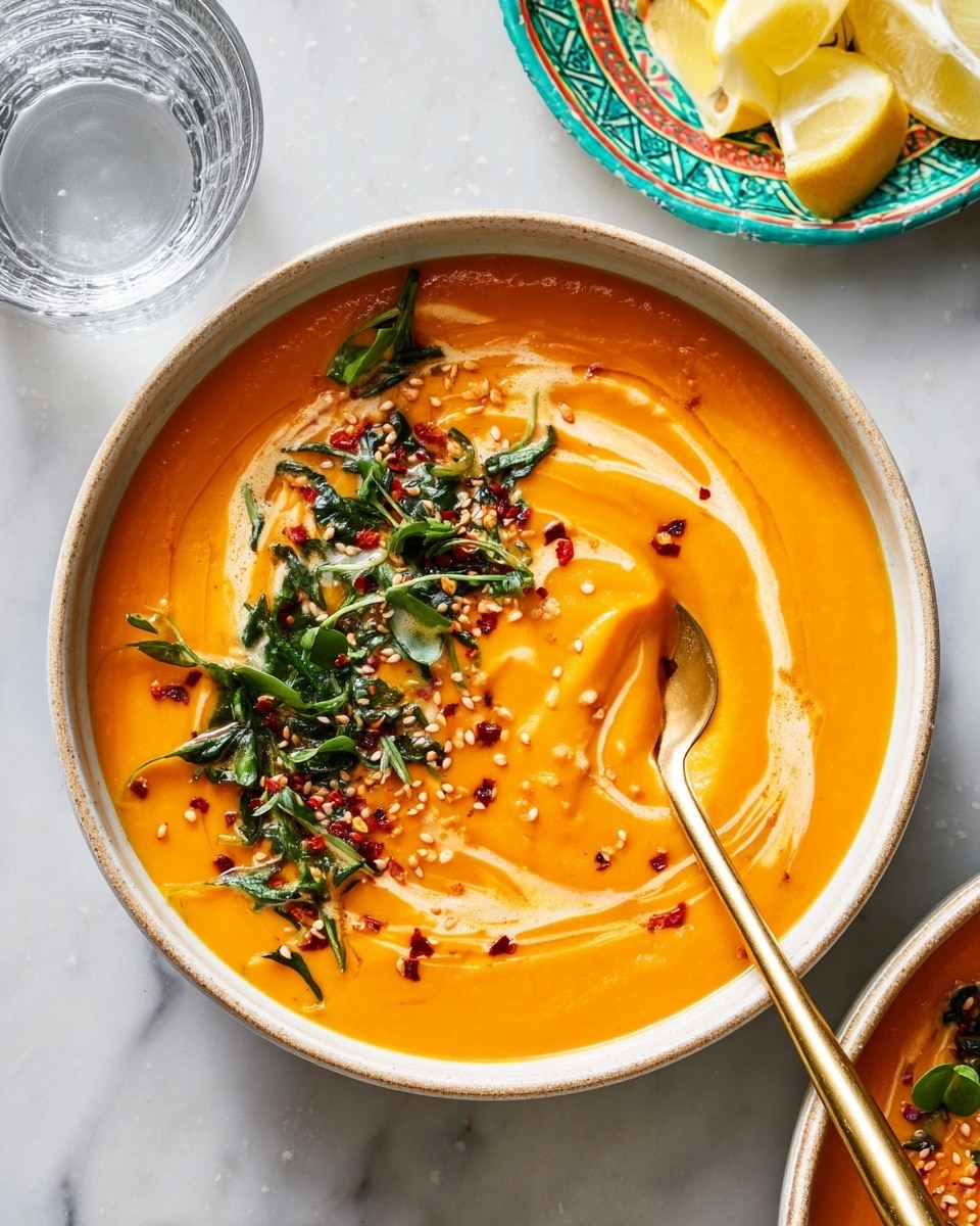 The image shows a white bowl filled with thick, smooth orange soup. The soup is swirled with a light creamy sauce and topped with small green leaves, toasted sesame seeds, and red chili flakes, all gathered on one side of the bowl. A gold spoon is partially placed inside the soup on the right side. The bowl sits on a white marbled surface next to a colorful plate with lemon wedges and a clear glass of water. Photo taken with an iphone --ar 4:5 --v 7