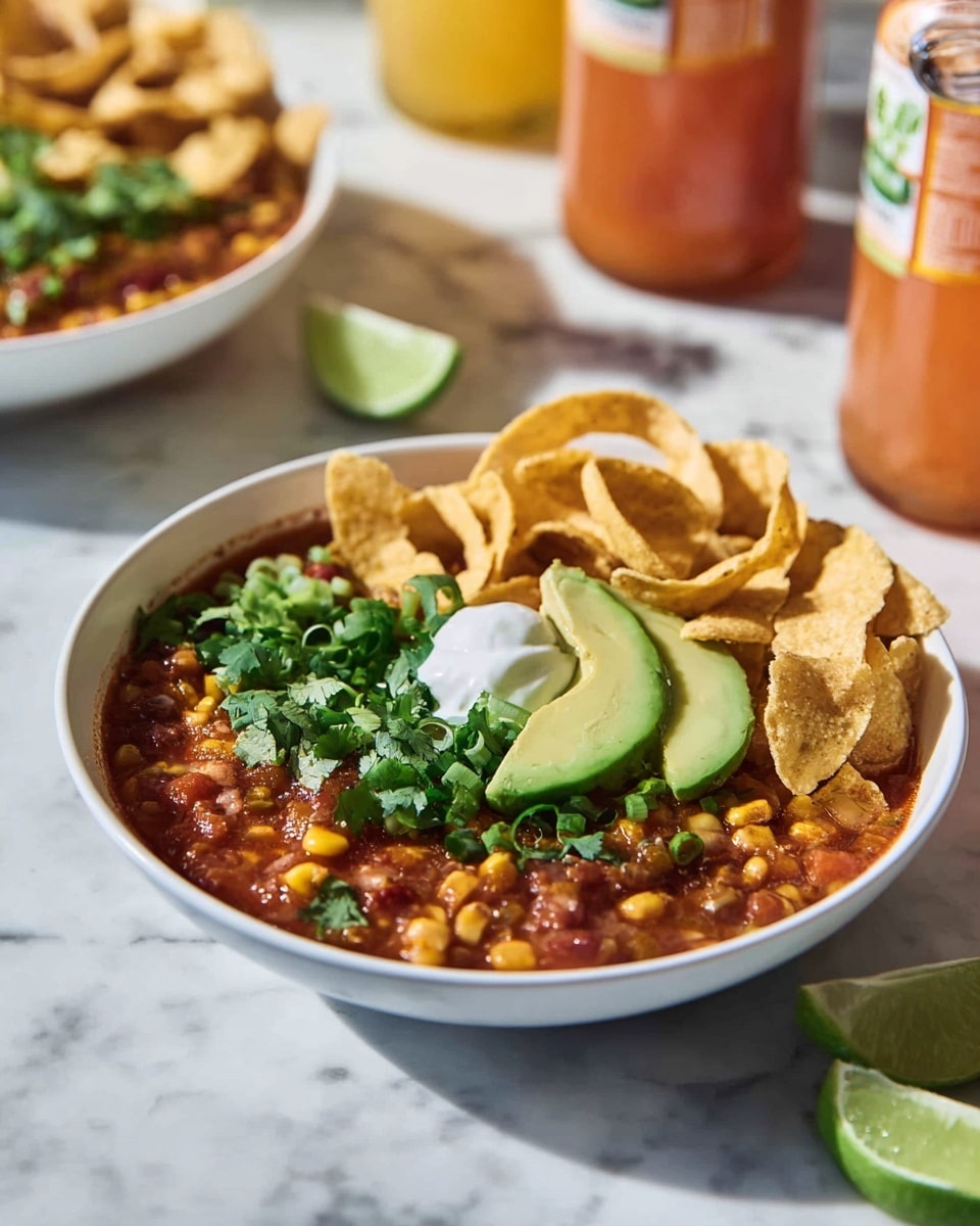 A white bowl holds a rich chili with a dark reddish-brown broth filled with yellow corn kernels, red and brown beans, diced red tomatoes, and ground meat. On top, there is a layer of green cilantro leaves and sliced green onions scattered around, along with two slices of green avocado placed slightly to one side. A dollop of white sour cream sits near the avocado, and a few broken pale yellow tortilla chips rest on top, adding a crunchy texture. Nearby, half an avocado with its large brown seed is placed on a white marbled surface, alongside small white bowls filled with fresh green herbs and a creamy white sauce, creating a fresh and inviting scene. Photo taken with an iphone --ar 4:5 --v 7