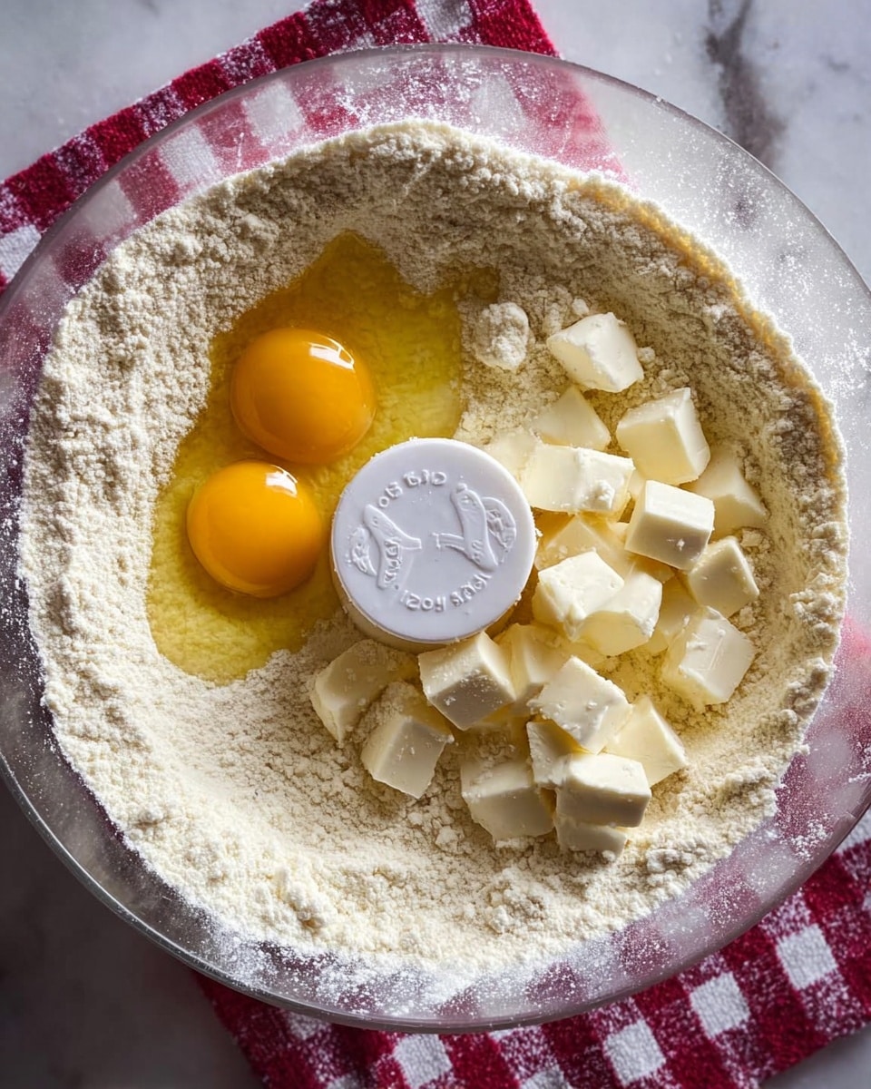 The image shows a clear mixing bowl placed on a white marbled surface with a red and white checkered cloth nearby. Inside the bowl, there is a light beige flour base layer spread around the sides. On the left side, two yellow egg yolks with their clear whites are resting on top of the flour. Small white cubes of butter are scattered on the right side over the flour. In the center of the bowl, there is a white round plastic dough blade piece from a food processor. The scene is brightly lit, highlighting the textures and colors of the ingredients. Photo taken with an iphone --ar 4:5 --v 7