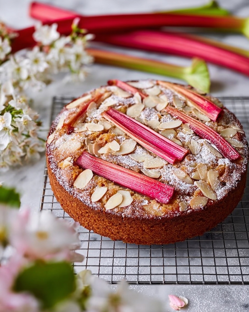 A round tart sits on a white marbled surface covered with parchment paper and a cooling rack. The tart has a golden-brown crust that holds a colorful, textured filling made of thinly sliced strawberries and sprinkled with toasted almond flakes. The strawberries are pinkish-red, giving the top a fresh and bright look. A woman's hand holds a light wooden spoon placed nearby. The scene has soft natural light coming from a nearby window. Photo taken with an iphone --ar 4:5 --v 7