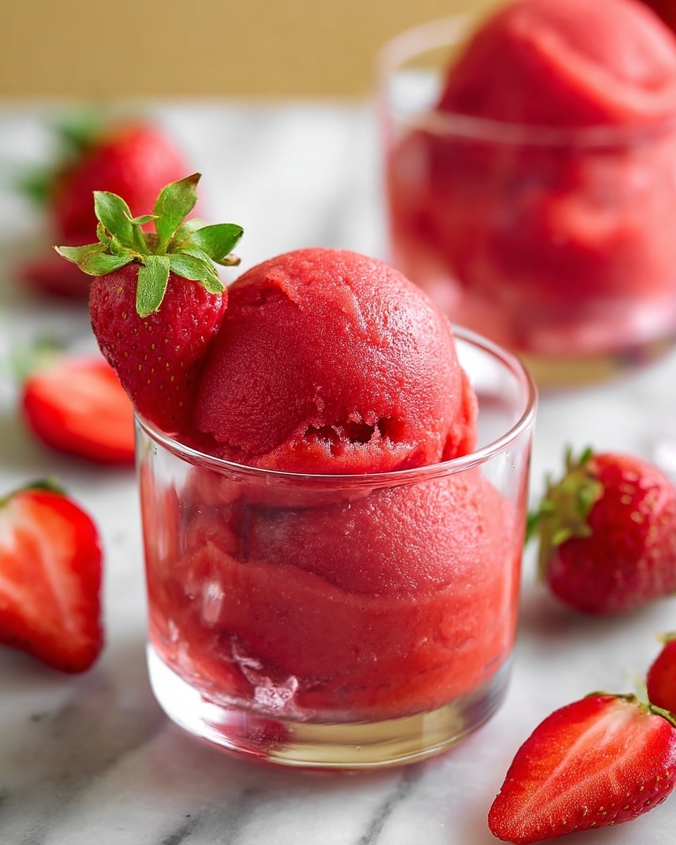 The image shows a clear round glass filled with two scoops of bright red strawberry sorbet, stacked one on top of the other. The sorbet looks smooth and slightly glossy with a soft texture. A fresh half strawberry with green leaves is placed on the edge of the glass, standing upright. Around the glass on a white marbled surface are whole strawberries, adding a pop of red and green color. In the background, another similar glass with sorbet and strawberry is partially visible. The photo taken with an iphone --ar 4:5 --v 7