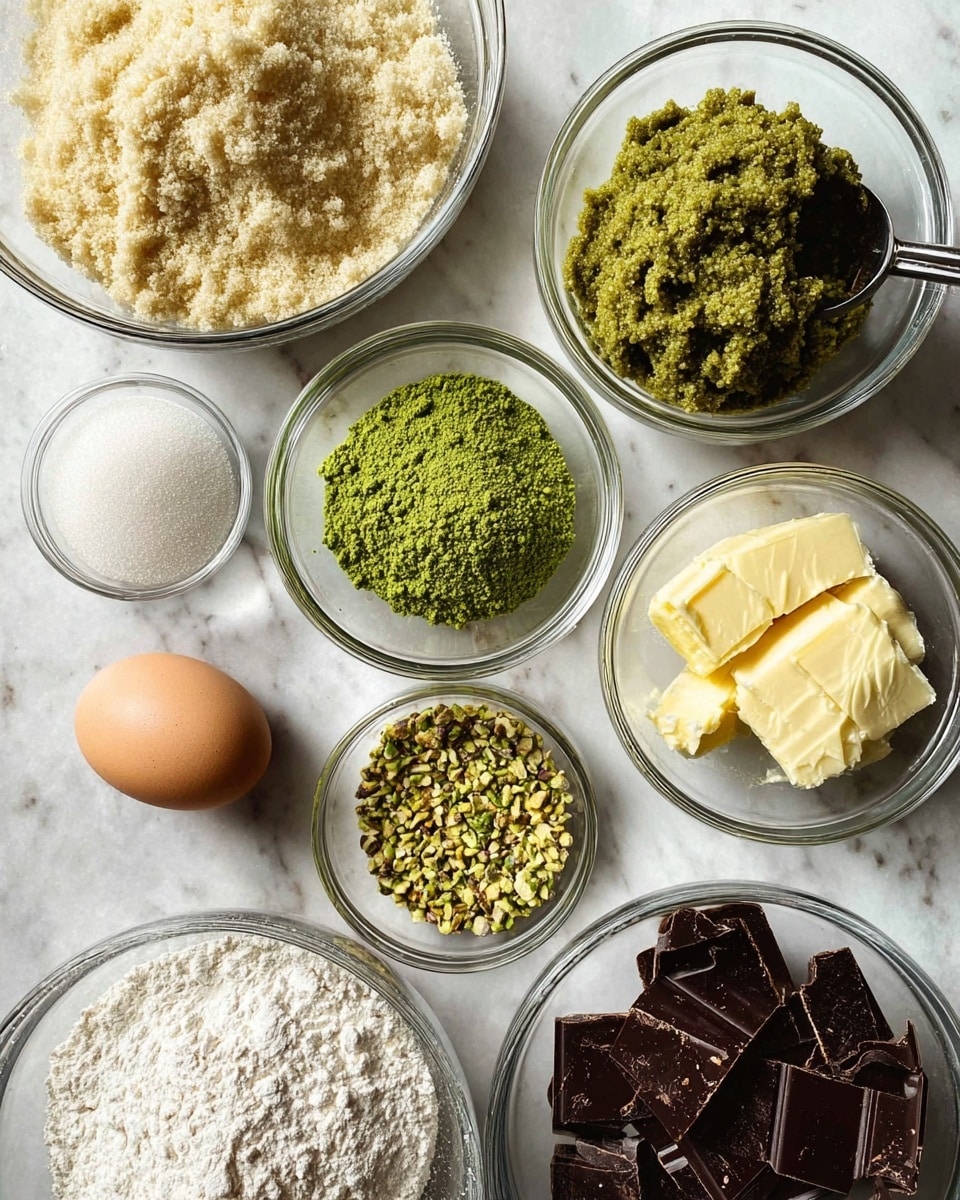 The image shows a white marbled surface with several clear glass bowls and a metal measuring cup arranged neatly. There are eight groups of ingredients: a large bowl with light beige crumbly sugar, a smaller bowl with vibrant green matcha powder, a bowl filled with dense green pistachio paste, another with white granulated sugar, one bowl with finely chopped pistachios, one large bowl with softened yellow butter, a brown egg placed next to a metal measuring cup filled with broken dark chocolate pieces, and a large bowl containing white flour with a slightly powdery texture. Photo taken with an iphone --ar 4:5 --v 7