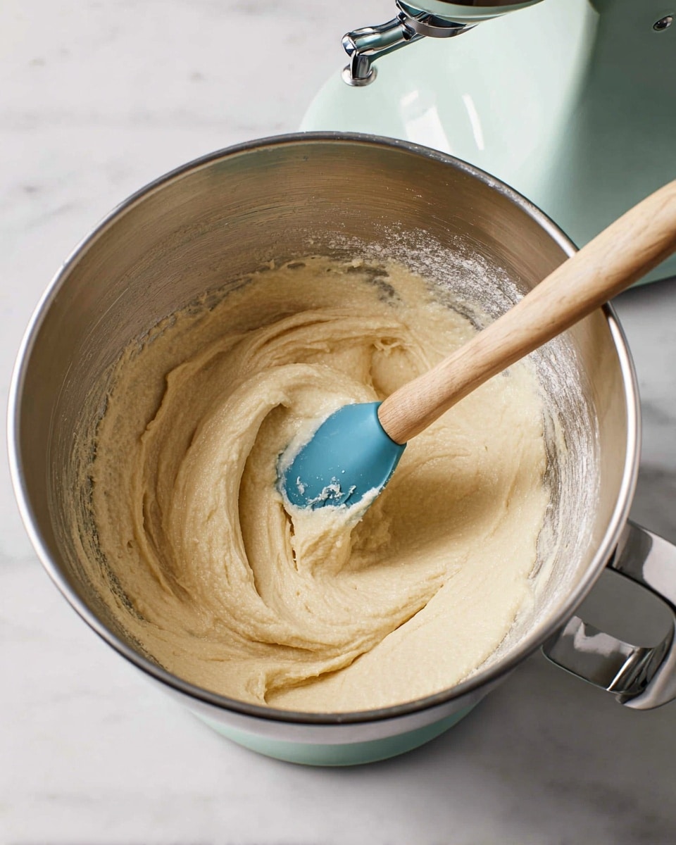 A large silver mixing bowl contains a thick creamy batter with a smooth and slightly grainy texture in pale beige color. The batter fills the bowl about halfway and is being stirred by a blue silicone spatula with a light wooden handle resting inside. The bowl is attached to a vintage pale green stand mixer visible in the top right corner. The setup is placed on a white marbled surface. photo taken with an iphone --ar 4:5 --v 7