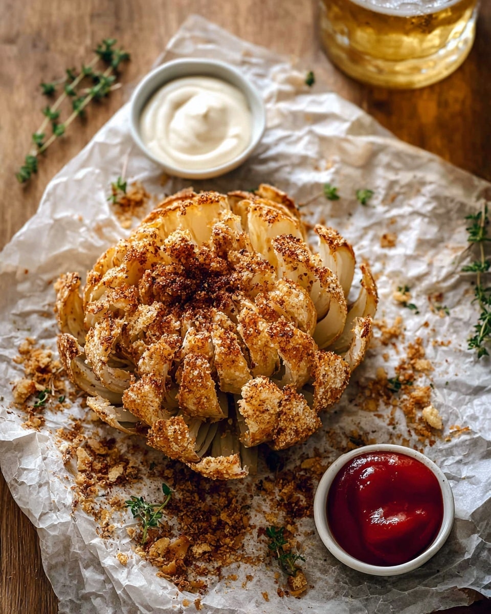 A baked whole cauliflower sits at the center on crumpled white parchment paper with brown crispy crumbs scattered around it. The cauliflower is pale cream with brown toasted spice powder dusted on its petals. To the upper left, few small green thyme sprigs add a fresh touch. Above the cauliflower, two small white bowls are placed; the left one contains a smooth white creamy sauce and the right one is filled with bright red ketchup. The setting is on a wooden table with a glass of golden beer at the upper right. photo taken with an iphone --ar 4:5 --v 7