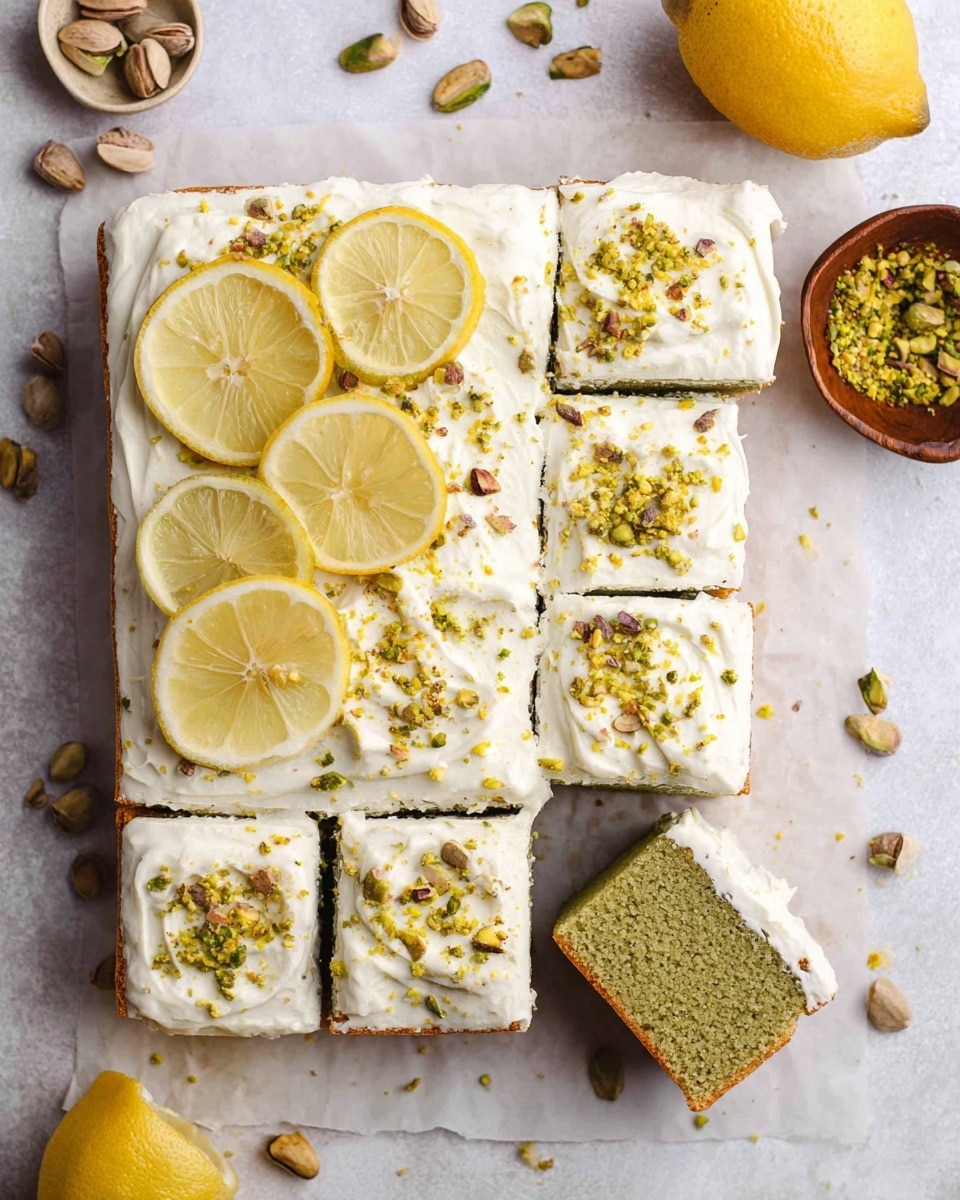 A white frosted square cake is cut into eight pieces on white parchment paper over a white marbled surface. The cake has two layers: a light green textured base layer and a thick smooth white frosting top layer. Four thin round lemon slices sit clustered on the top left corner of the cake, which is sprinkled with crushed pistachios and yellow zest all over the frosting. One piece is separated from the cake at the bottom right, showing the green base and frosting layers clearly. Scattered around are whole pistachios and a halved lemon, along with a small brown bowl filled with crushed pistachios and some whole pistachios. photo taken with an iphone --ar 4:5 --v 7