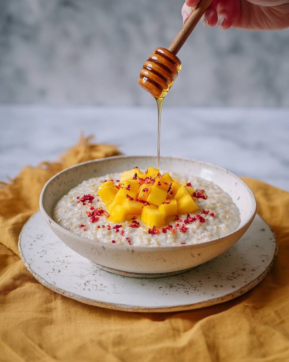 A bowl with a white marbled texture holds a creamy, slightly chunky white porridge spread as the base layer. On top, there is a bright yellow layer of diced mango pieces in the center, surrounded by small red sprinkles scattered around. Above the mango, a woman’s hand holds a honey dipper, slowly dripping golden honey onto the fruit and porridge. The bowl rests on a white plate, which sits on a mustard-yellow cloth, all placed on a white marbled surface. Photo taken with an iphone --ar 4:5 --v 7