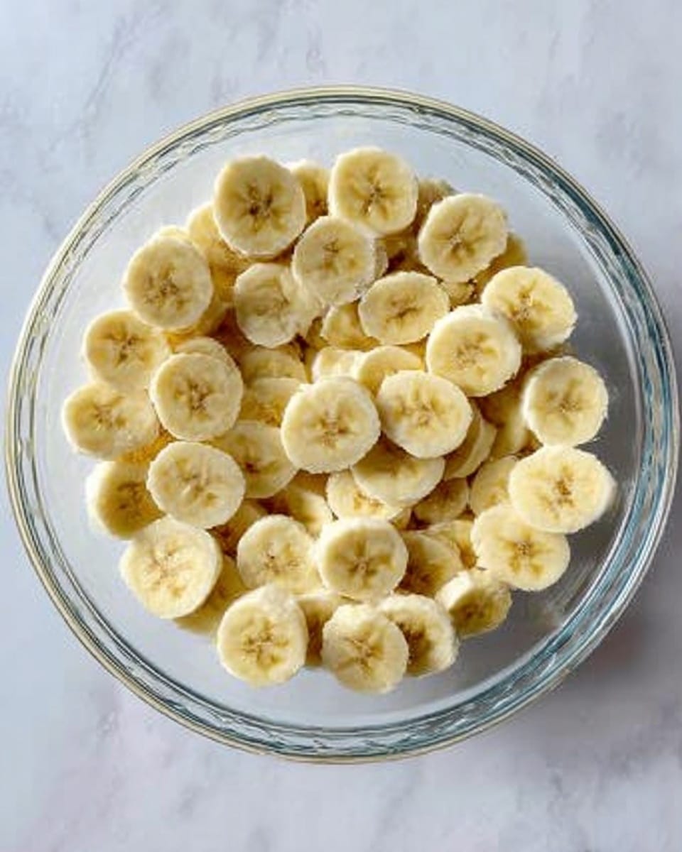 A clear glass bowl filled with thin, round banana slices arranged neatly on top. The bananas are light yellow with small brown spots, and they cover the entire surface of the bowl in a tight, even layer. The bowl is placed on a white marbled surface. photo taken with an iphone --ar 4:5 --v 7