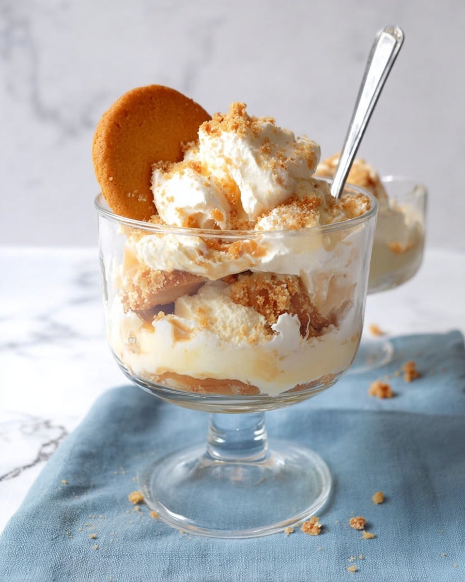 The dessert is shown in a clear glass cup with a short stem, filled with three main layers. The bottom layer is a soft, pale yellow cream mixed with small brown crumbs. The middle layer consists of a light, fluffy white cream with more broken brown crumbs scattered inside it. The top layer has more white cream with a slightly rough texture, and a single whole round golden-brown cookie is placed on top, leaning against the side. A silver spoon stands upright in the glass. The glasses sit on a light blue cloth over a white marbled surface, and the background is plain white. Photo taken with an iphone --ar 4:5 --v 7