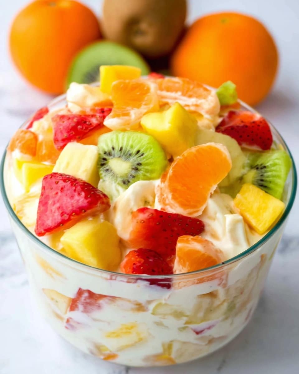 A clear glass bowl filled with a colorful fruit salad sits on a white marbled surface, showing a mix of several layers and textures. At the bottom, white creamy yogurt holds the fruit pieces together, with small bits of apples and pineapple visible through the yogurt. On top, thick slices of bright red strawberries, green kiwi chunks, yellow mango cubes, orange mandarins, and pale yellow banana slices are scattered, each fruit showing its distinct texture and color. In the background, whole oranges and kiwis add depth to the scene. The smooth glass bowl helps highlight the fresh, juicy fruits inside, photo taken with an iphone --ar 4:5 --v 7