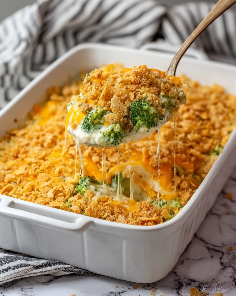 A white plate holds a cheesy broccoli casserole with visible green broccoli pieces mixed evenly with melted yellow and orange cheese layers. On top, there is a golden crunchy crumb layer adding texture. A spoon lifts a cheesy portion, showing stretchy melted cheese and broccoli inside. Next to the plate, there is a white baking dish also filled with the casserole, with a spoon resting inside. The dish and plate are set on a white marbled surface with a gray and white striped cloth nearby. A woman's hand holds the spoon lifting the cheese. Photo taken with an iphone --ar 4:5 --v 7