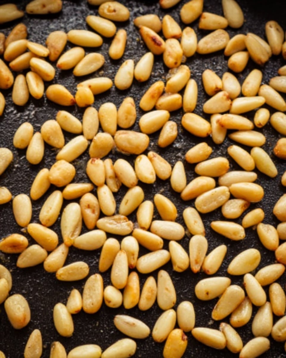 A close-up view of many light golden pine nuts evenly spread over a dark pan surface with a slightly rough texture. The pine nuts are small, oval-shaped, and have a smooth surface with some showing small toasting marks in a few places. The dark pan contrasts with the light tan color of the pine nuts. The background is a white marbled texture. Photo taken with an iphone --ar 4:5 --v 7
