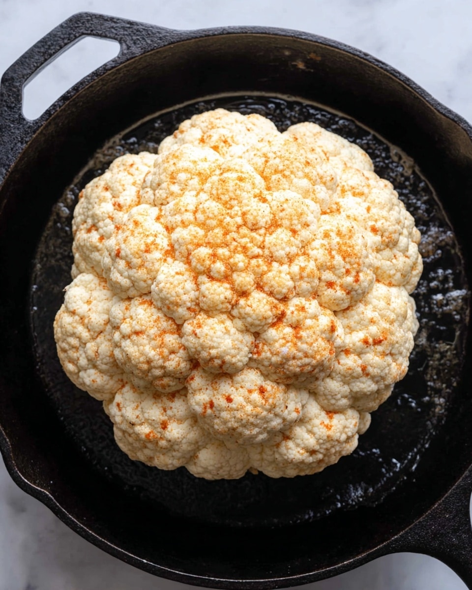 A large round cauliflower head sits in the middle of a black cast iron skillet. The cauliflower has three main layers of small, tightly packed florets, and its color is mostly light cream with a light orange seasoning spread unevenly across the surface. The skillet shows some dark browned spots and oil stains around the cauliflower. The skillet rests on a white marbled surface. photo taken with an iphone --ar 4:5 --v 7