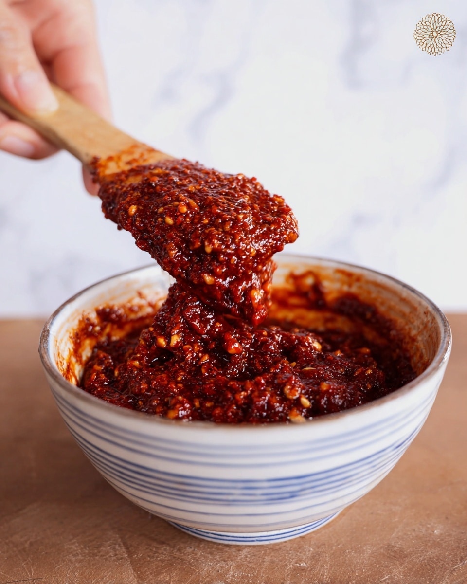 A close-up image shows a white bowl with thin blue lines filled with a thick, deep red paste mixed with small bits of nuts or seeds. A wooden spatula lifts the chunky sauce, showing its textured, sticky consistency. A woman's hand holds the spatula over the bowl, with some of the paste dripping slightly back into it. The background is a white marbled texture, giving a clean and bright feel to the scene. Photo taken with an iphone --ar 4:5 --v 7