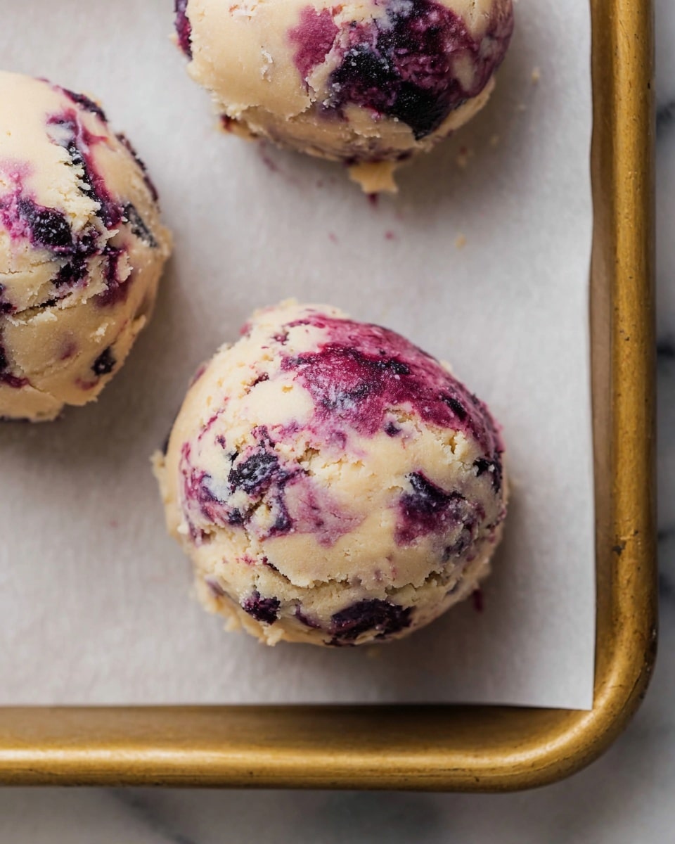 The image shows two round balls of cookie dough on white parchment paper on a baking tray with a golden edge. Each dough ball is pale beige with streaks and spots of dark purple and deep red from mixed berries, giving a marbled look. The dough texture appears soft and slightly crumbly with visible chunks of berries spread throughout. The baking tray edges and a small part of another dough ball are partially visible around the corners. The background surface is a white marbled texture. Photo taken with an iphone --ar 4:5 --v 7