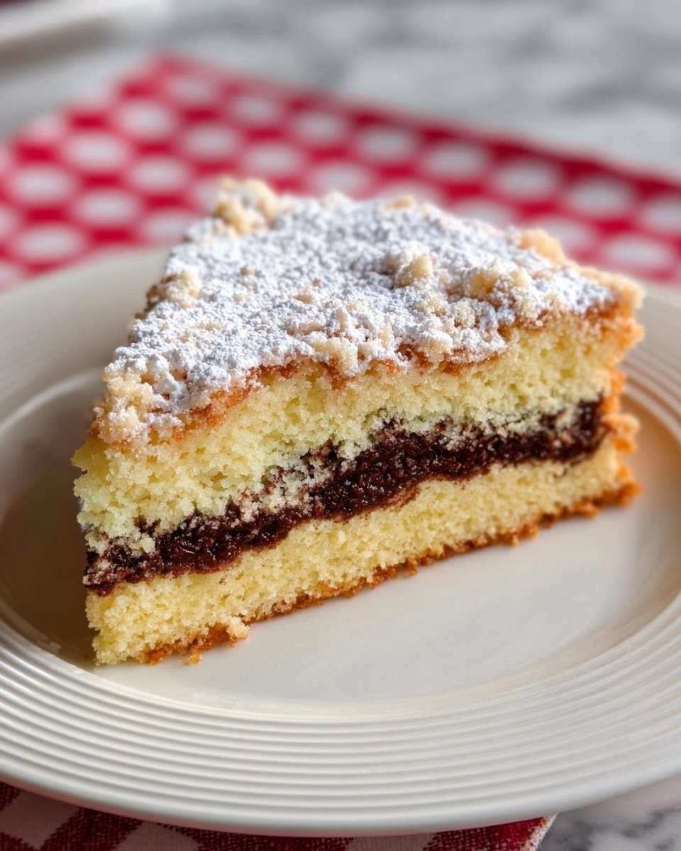 A single slice of cake is placed on a white plate with a gently ridged edge. The cake has three layers: the bottom layer is a light yellow sponge, the middle layer is a rich dark brown filling that looks slightly shiny, and the top layer is a crumbly, pale yellow topping sprinkled with powdered sugar. The powdered sugar adds a soft white dust across the top. The plate sits on a white marbled surface with a red and white checkered cloth partially visible at the side. Photo taken with an iphone --ar 4:5 --v 7
