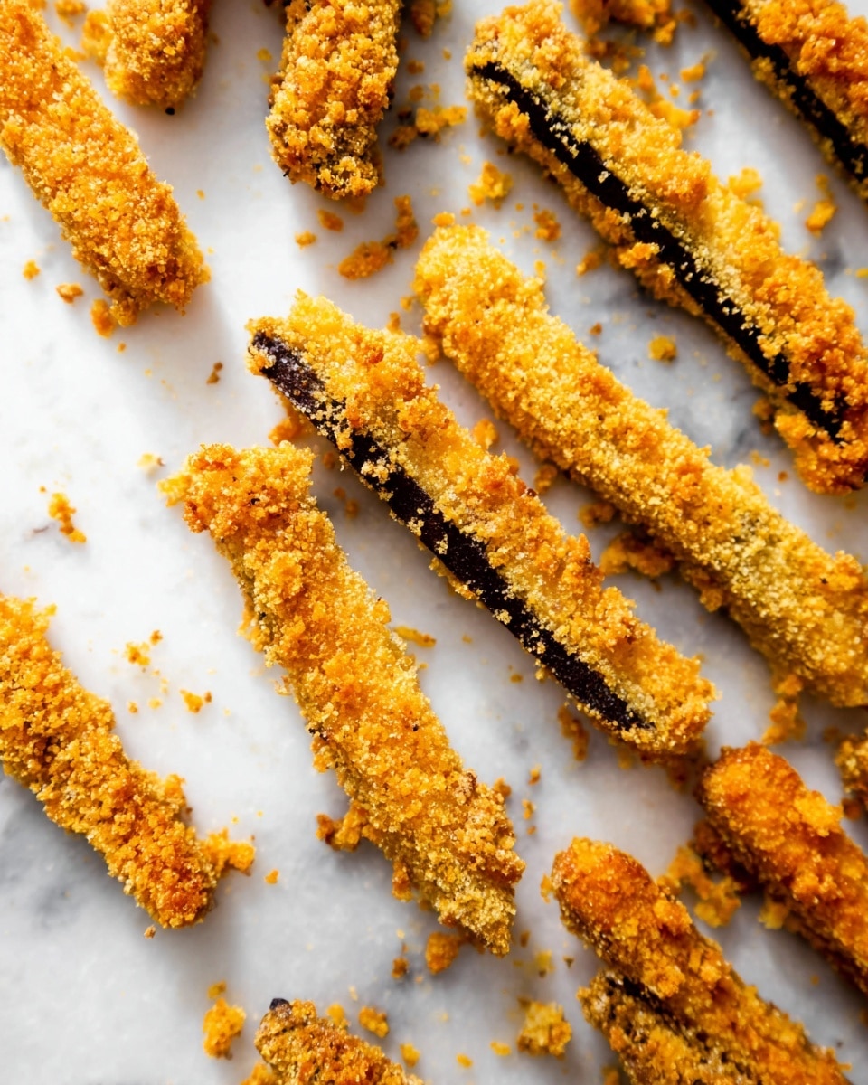 The image shows multiple pieces of golden brown, crunchy coated sticks laid out on a white marbled surface. Each stick is long and thin, with some revealing a dark purple inside layer contrasting with the bright, crispy golden outer coating. The coating looks crumbly and textured, with small bits scattered around the sticks. The sticks are spaced out, showing their rough, crunchy surface and their slightly oily shine. photo taken with an iphone --ar 4:5 --v 7