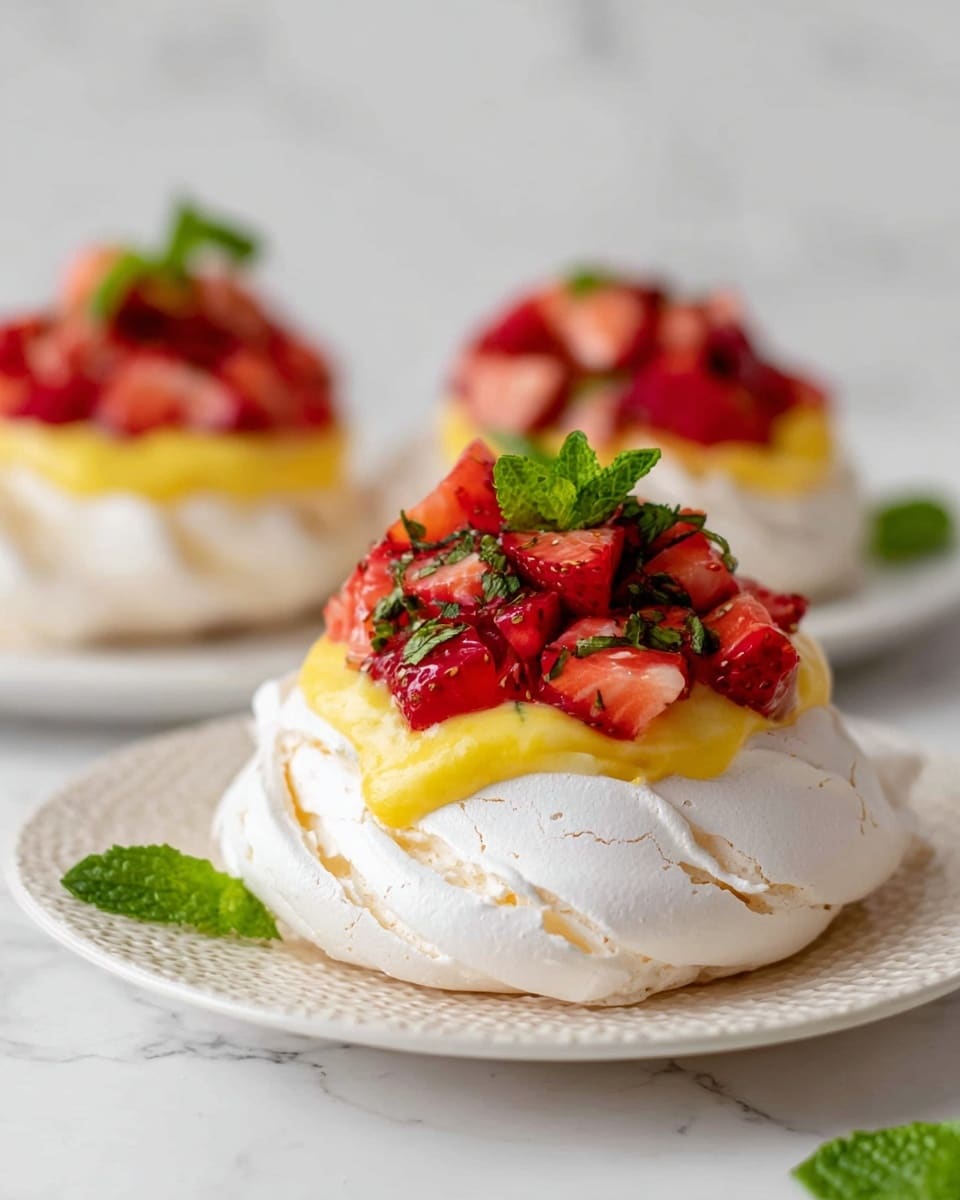 The image shows three small pavlovas placed on a white plate with a textured edge, set on a white marbled surface. Each pavlova has three layers: the base is a round white meringue with a cracked and swirled texture, the middle layer is a smooth, bright yellow lemon curd filling, and the top layer is a pile of chopped red strawberries with small green mint leaves sprinkled over them. The focus is on the front pavlova, with the other two slightly blurred in the background. A few green mint leaves are scattered around the plate. photo taken with an iphone --ar 4:5 --v 7