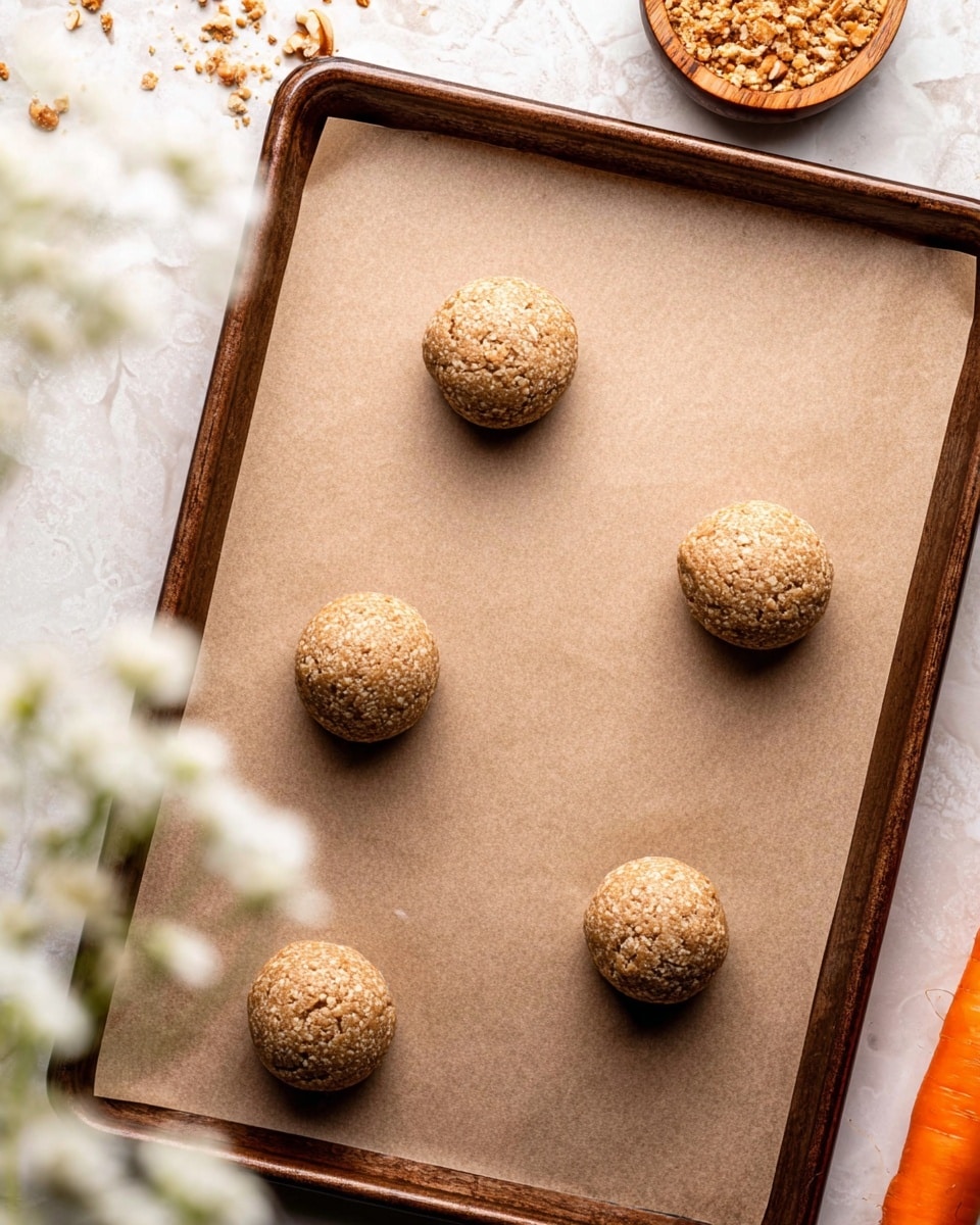 This image shows a baking tray lined with brown parchment paper on a white marbled surface. On the tray, there are five small, round, textured dough balls spaced apart evenly, each light brown with a slightly rough surface. In the upper right corner, there is a small wooden bowl filled with crushed nuts, and in the lower right corner, the tip of a bright orange carrot is partially visible. In the top left corner, out-of-focus white flowers frame the image softly. Photo taken with an iphone --ar 4:5 --v 7