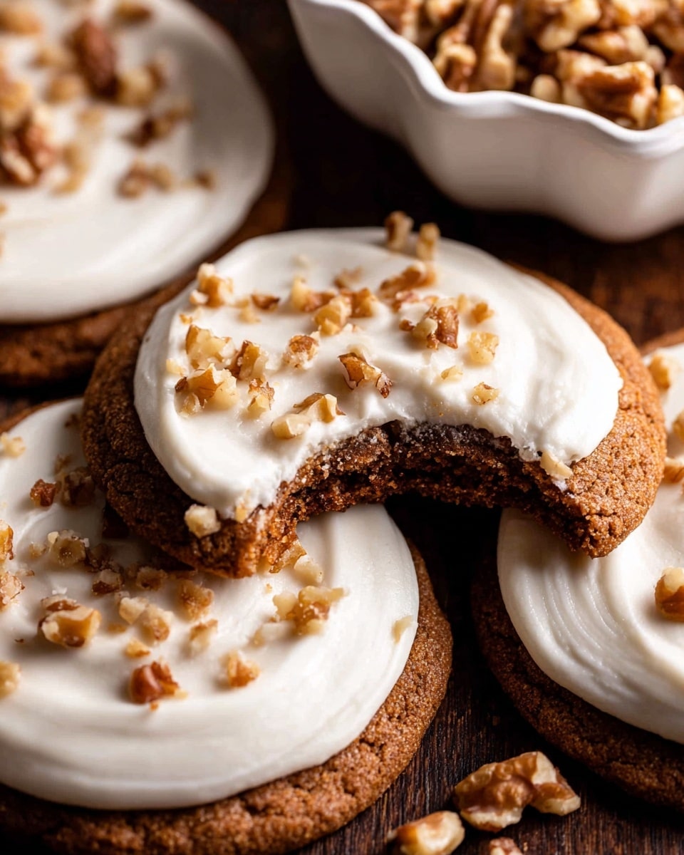 Six round brown cookies with a slightly rough texture form the base layer, each topped with a thick, smooth layer of white cream spread in soft, circular swirls. Scattered unevenly on top of the cream are small light brown and tan walnut pieces. To the right of the cookies is a small white bowl filled with more chopped walnuts. The cookies and bowl are placed on a white marbled surface. photo taken with an iphone --ar 4:5 --v 7