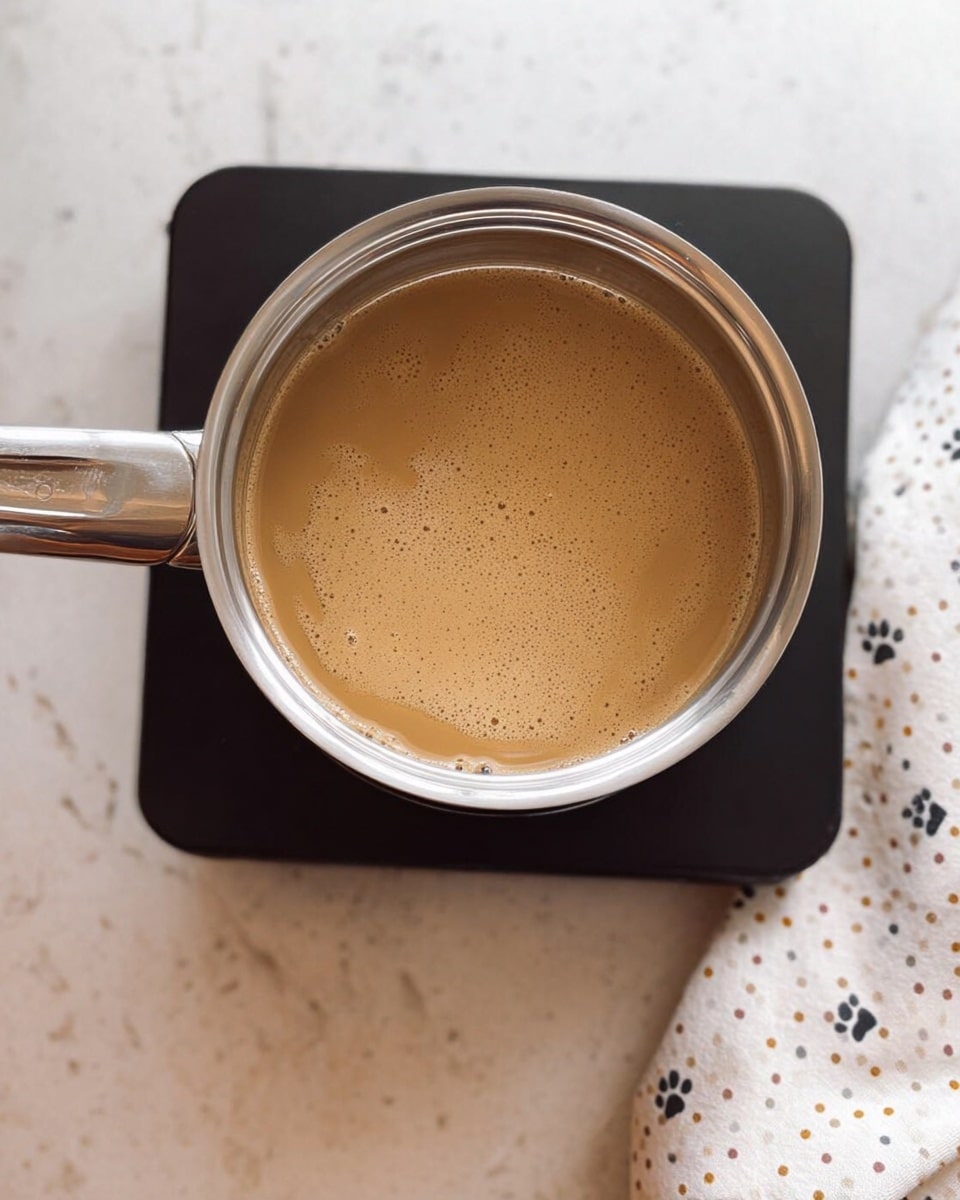A shiny metal pot with a short handle holds a smooth light brown liquid with small bubbles on its surface, sitting on a black hot plate. The pot and hot plate are on a white marbled countertop, with the pot centered in the image. Part of a light-colored cloth with a paw print and polka dot pattern is visible at the bottom edge. Photo taken with an iphone --ar 4:5 --v 7