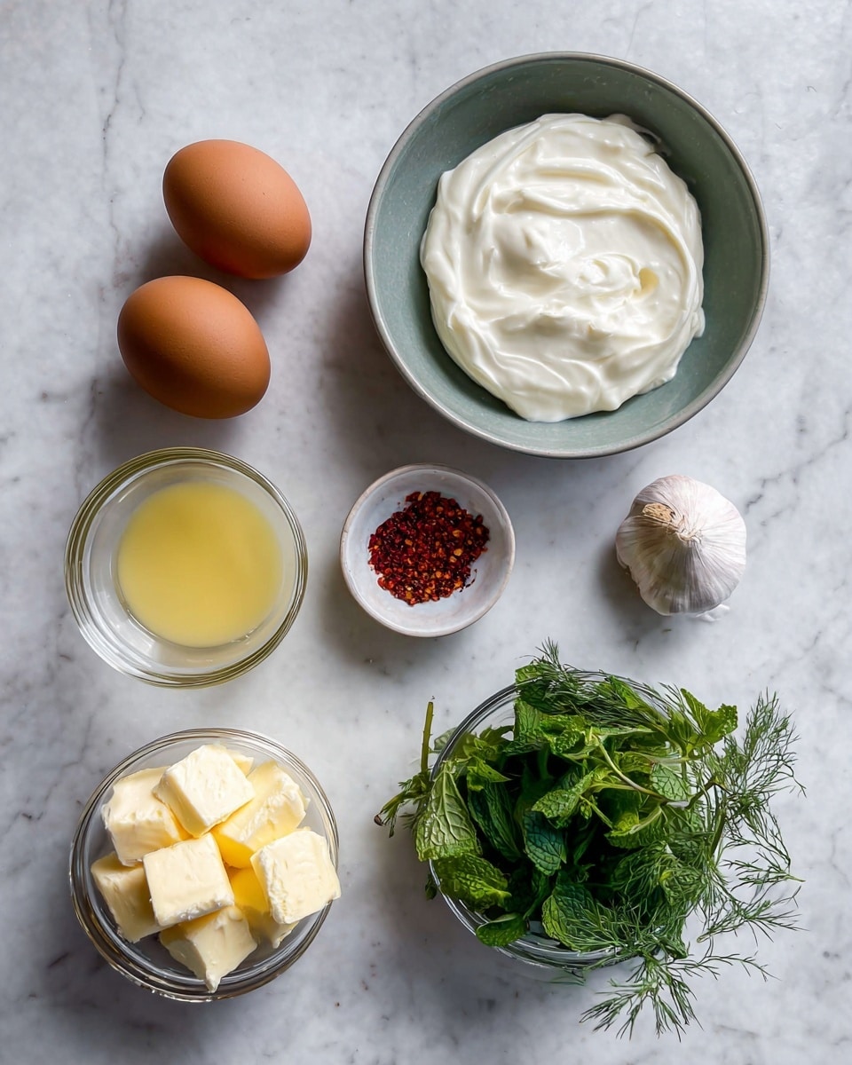 A top view of several ingredients placed on a white marbled surface, including a gray bowl filled with smooth, white yogurt at the top right, a small glass bowl with fresh green herbs like mint and dill to the right center, a small white bowl containing a mix of red spices next to it, a whole garlic clove near the center, a small white bowl with light yellow liquid, a glass bowl with two brown eggs at the left center, and a glass bowl of pale yellow butter chunks at the bottom left. The items are spaced evenly and arranged neatly. photo taken with an iphone --ar 4:5 --v 7