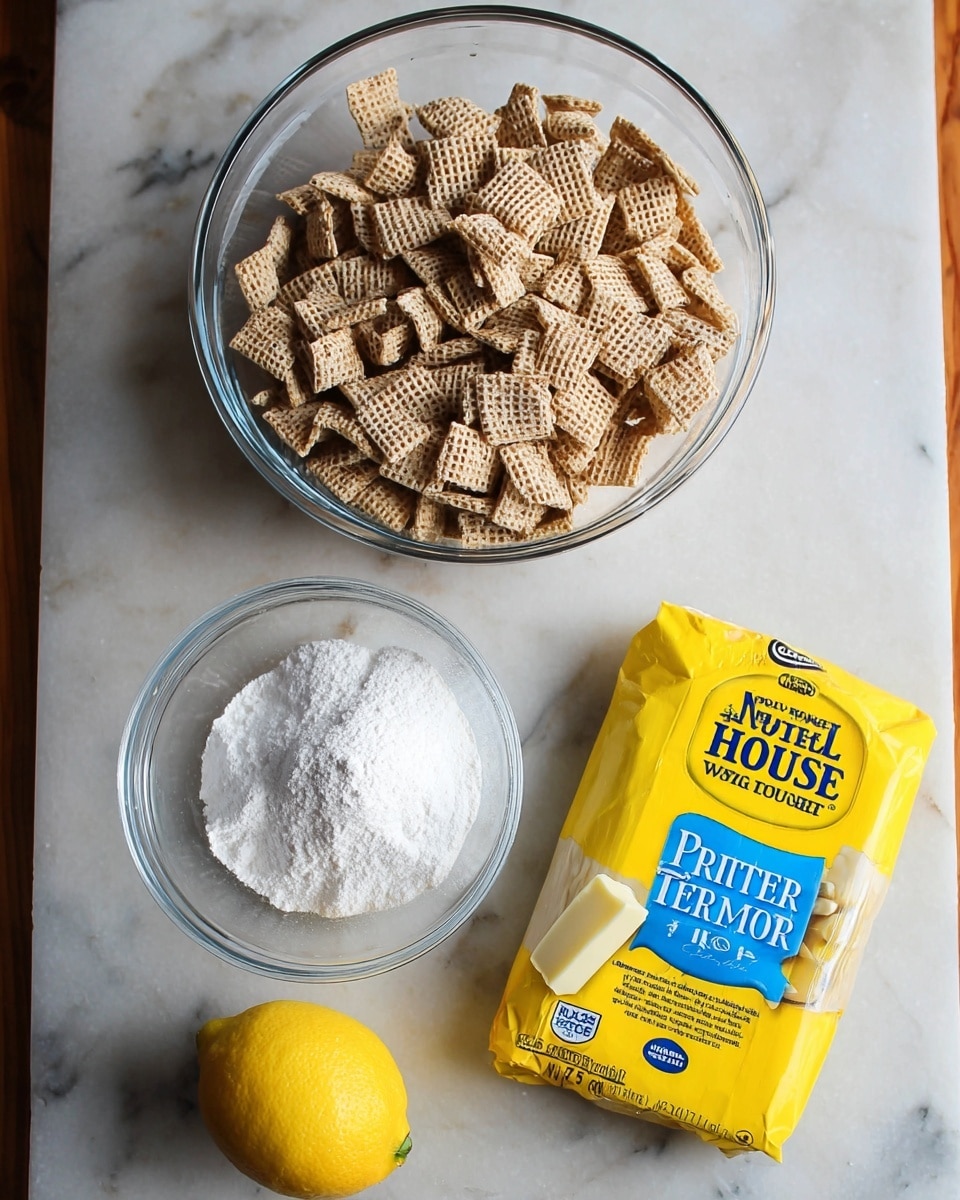 The image shows a set of baking ingredients arranged on a white marbled surface. At the top, there is a large clear glass bowl filled with square-shaped cereal pieces that are light brown and textured like a woven grid. Below this bowl, to the left, there is a smaller clear glass bowl filled with white powdered sugar that looks fluffy and fine. To the right of the powdered sugar, a bright yellow and blue Nestlé Toll House Premier White chocolate chip package lies flat. In front of the package, there is a small stick of butter partly wrapped in a paper wrapper, showing a smooth and creamy pale yellow texture. Finally, in the bottom left corner, a whole bright yellow lemon with a slightly bumpy skin is placed. Photo taken with an iphone --ar 4:5 --v 7