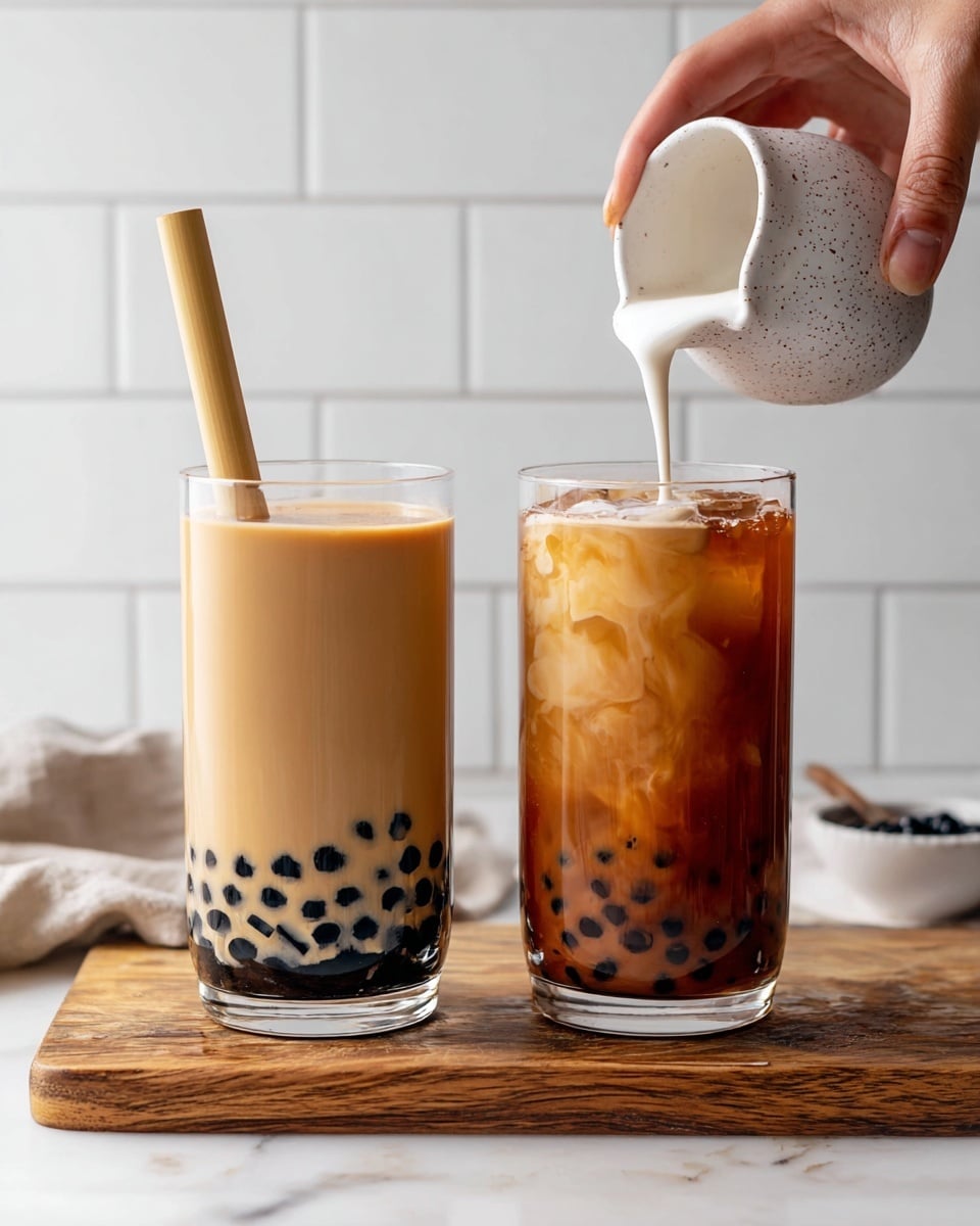 Two clear tall glasses are filled with light brown milk tea, each glass has a cluster of black tapioca pearls lining the bottom. Thick light tan straws stand upright in the drinks, slightly leaning. The scene is set on a white marbled surface with a small glass jar of dark tapioca pearls nearby and cream-colored cloth softly blurred in the background. Photo taken with an iphone --ar 4:5 --v 7