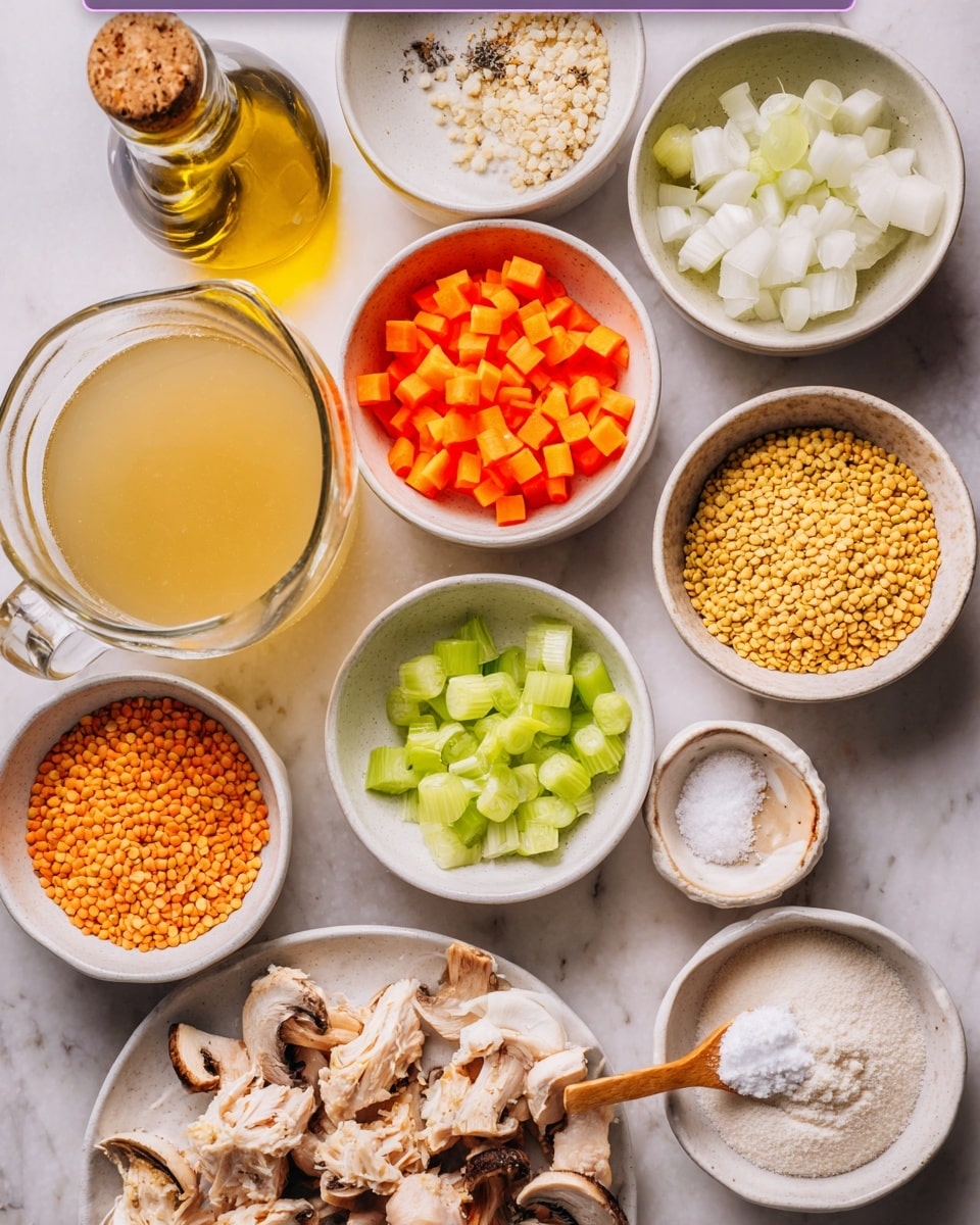 The image shows several small white bowls and a clear glass jug filled with light yellow broth placed on a white marbled surface. The bowls hold different ingredients arranged around the jug. There is a bowl with bright orange chopped carrots, one with small green celery pieces, and one containing chopped white onions. A bowl contains yellow lentils, and another has peeled garlic cloves. One bowl holds a white powdery substance, likely flour, with a wooden spoon resting in it. Another bowl contains coarse salt, and a larger white plate holds pieces of cooked mushrooms and beige chicken pieces. A bottle of golden yellow oil is visible in the top left corner. photo taken with an iphone --ar 4:5 --v 7