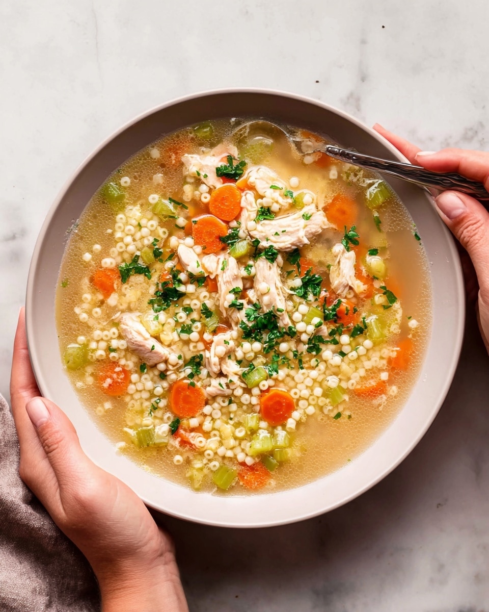 A light beige soup with small pearl-like pasta pieces mixed with soft chunks of white meat, bright orange carrot cubes, and light green celery pieces, all gently floating in a clear broth. The soup is served in a deep white bowl placed on a white marbled surface. A silver spoon is held by a woman’s hand near the edge of the bowl, stirring the soup slightly. Small green herb bits are scattered lightly over the top, adding a touch of freshness. photo taken with an iphone --ar 4:5 --v 7