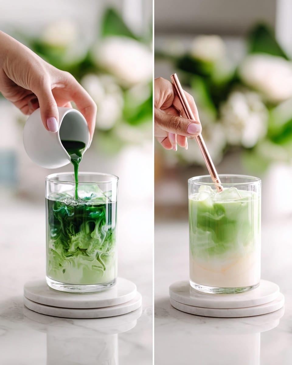 The image shows a glass filled with a drink in two stages. In the first stage, a woman's hand pours dark green liquid from a small white cup into a clear glass that already has a lower layer of pale creamy white liquid with ice cubes inside; the green liquid swirls as it meets the creamy base. In the second stage, the woman's hand stirs the mixed drink with a light pink straw, creating a smooth, layered green drink with shades of light and dark green swirling together. The glass sits on two stacked white marble coasters on a white marbled surface. In the background, there are blurred white flowers and green leaves with soft natural light. Photo taken with an iphone --ar 4:5 --v 7