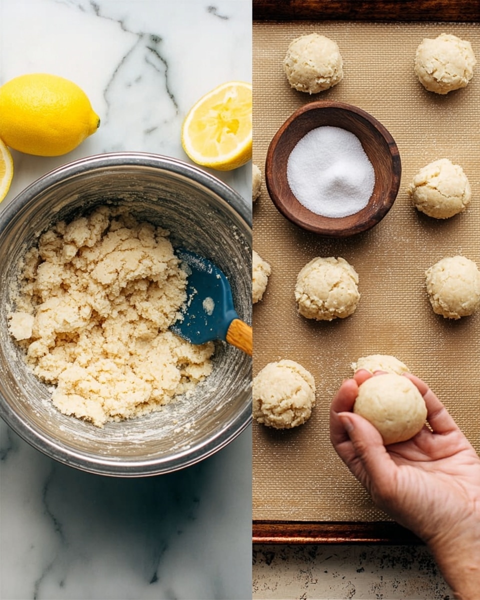 The image shows two parts: on the left, a silver mixing bowl filled with rough, crumbly dough that is light beige in color with a blue spatula having a wooden handle resting inside. The bowl sits on a white marbled surface with two halved lemons nearby. On the right, a woman's hand is shaping the dough into a smooth, round ball above a baking tray lined with parchment paper; several other dough balls are already placed on the tray, some smooth and some textured, alongside a small brown bowl filled with white granulated sugar. Photo taken with an iphone --ar 4:5 --v 7