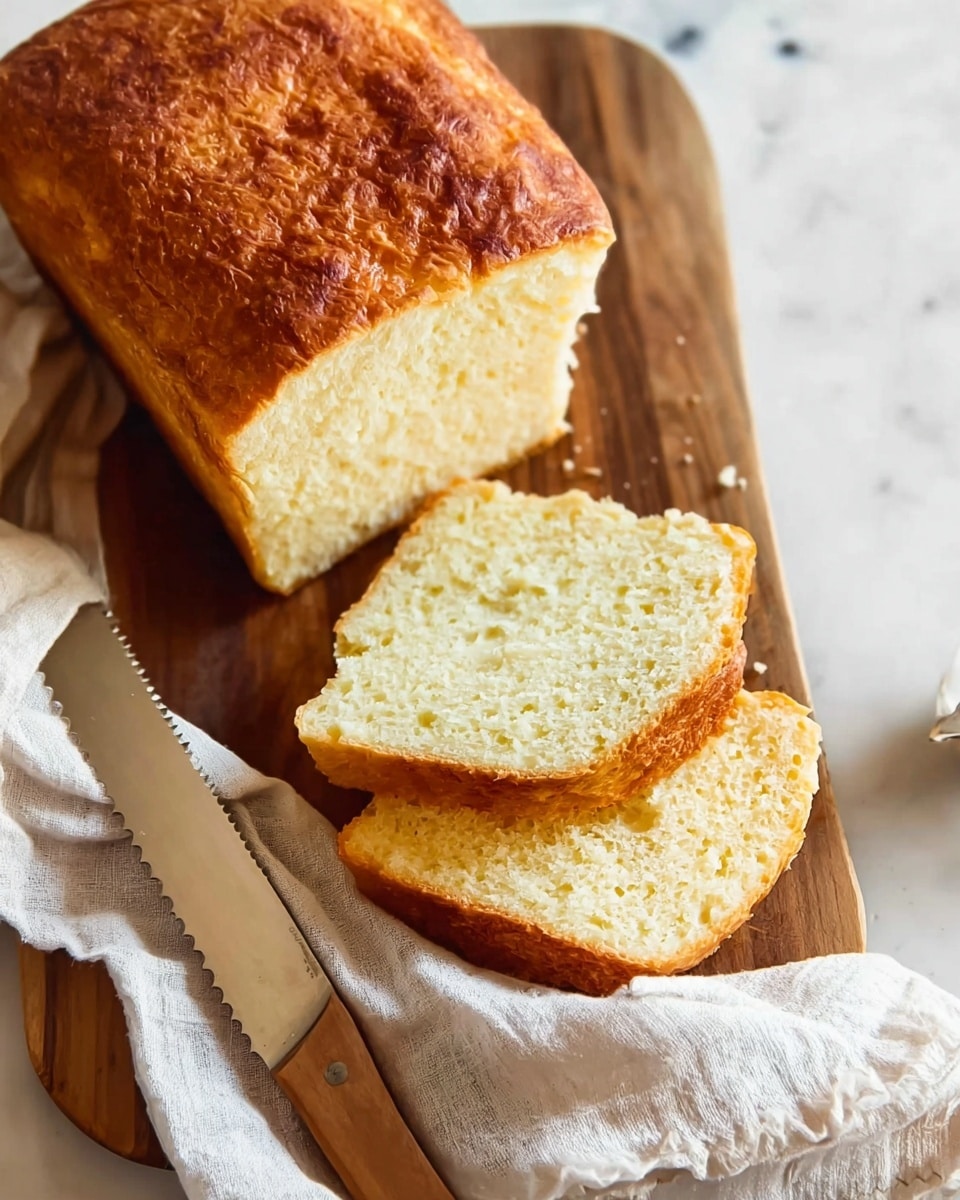 A rectangular loaf of bread with a golden brown crust sits on a wooden cutting board with a woman's hand holding a serrated knife nearby. The bread's inside is soft and light with a pale yellow color and an airy, slightly spongy texture. Three thick slices are cut and spread in front of the loaf, showing the smooth, even crumb. A white cloth is draped under the bread, and the background is a white marbled texture. Photo taken with an iphone --ar 4:5 --v 7