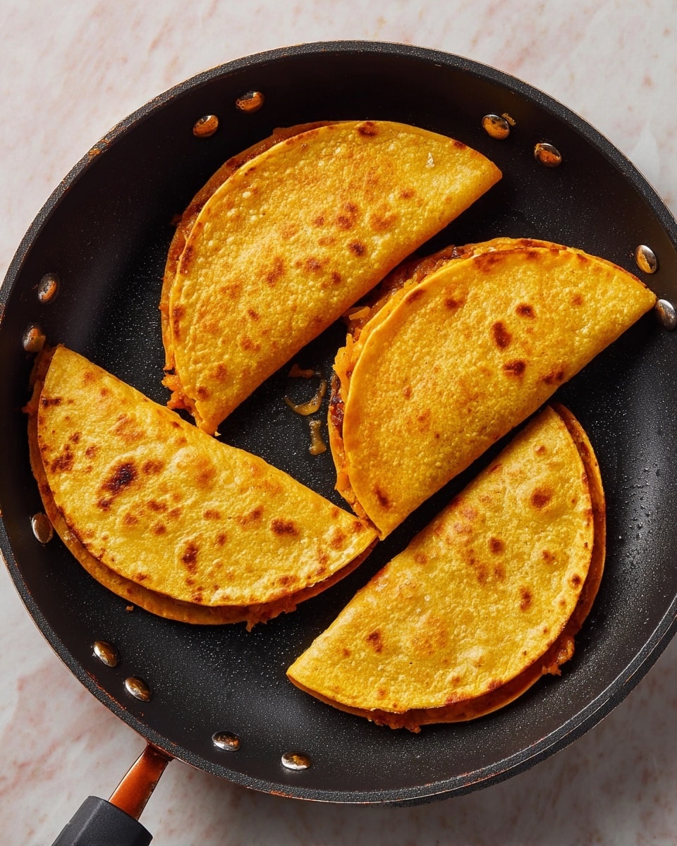 Four golden brown half-moon shaped tacos are arranged in a black pan with metal rivets, lying on a white marbled surface. Each taco has a crispy outer shell with small brown toasted spots and looks stuffed with a filling that slightly peeks out from the edges, having a warm orange-brown color. The pan handle extends to the left side, and the overall look is clean and appetizing. photo taken with an iphone --ar 4:5 --v 7