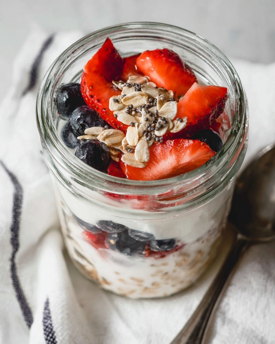 A clear glass jar filled with layered ingredients starting from the bottom with creamy yogurt, followed by a mix of small dark blue blueberries and bright red strawberry slices, topped with crunchy light brown oats and chia seeds scattered over the berries. The jar sits on a white marbled surface with a white cloth featuring black lines beside it and a silver spoon nearby, photo taken with an iphone --ar 4:5 --v 7
