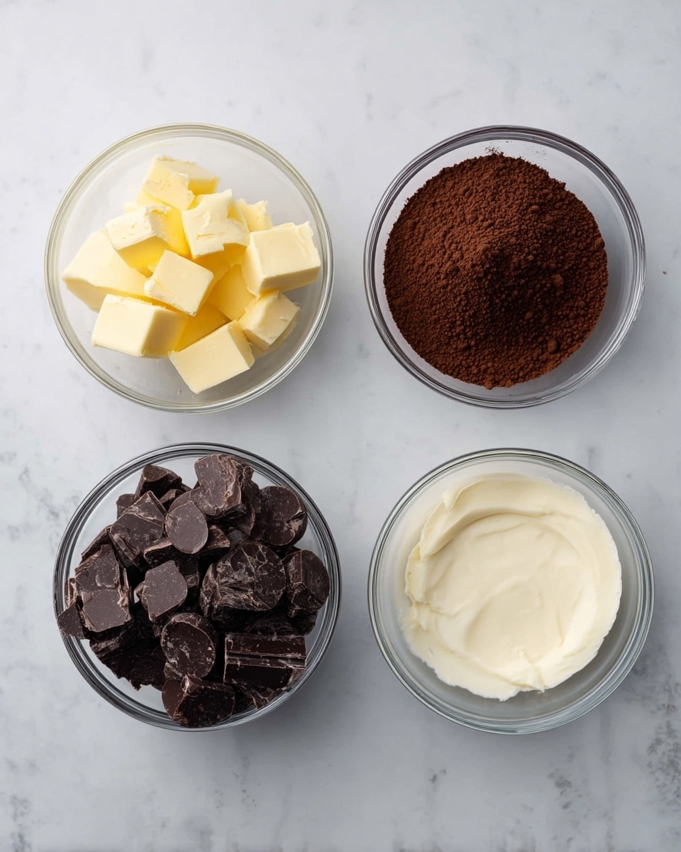 The image shows four clear bowls placed on a white marbled surface. The top left bowl has small yellow cubes of butter, the top right bowl contains dark brown cocoa powder, the bottom left bowl is filled with dark chocolate disks, and the bottom right bowl holds white cream. Each bowl's texture is clear and crisp, with smooth edges and a clean appearance. Photo taken with an iphone --ar 4:5 --v 7