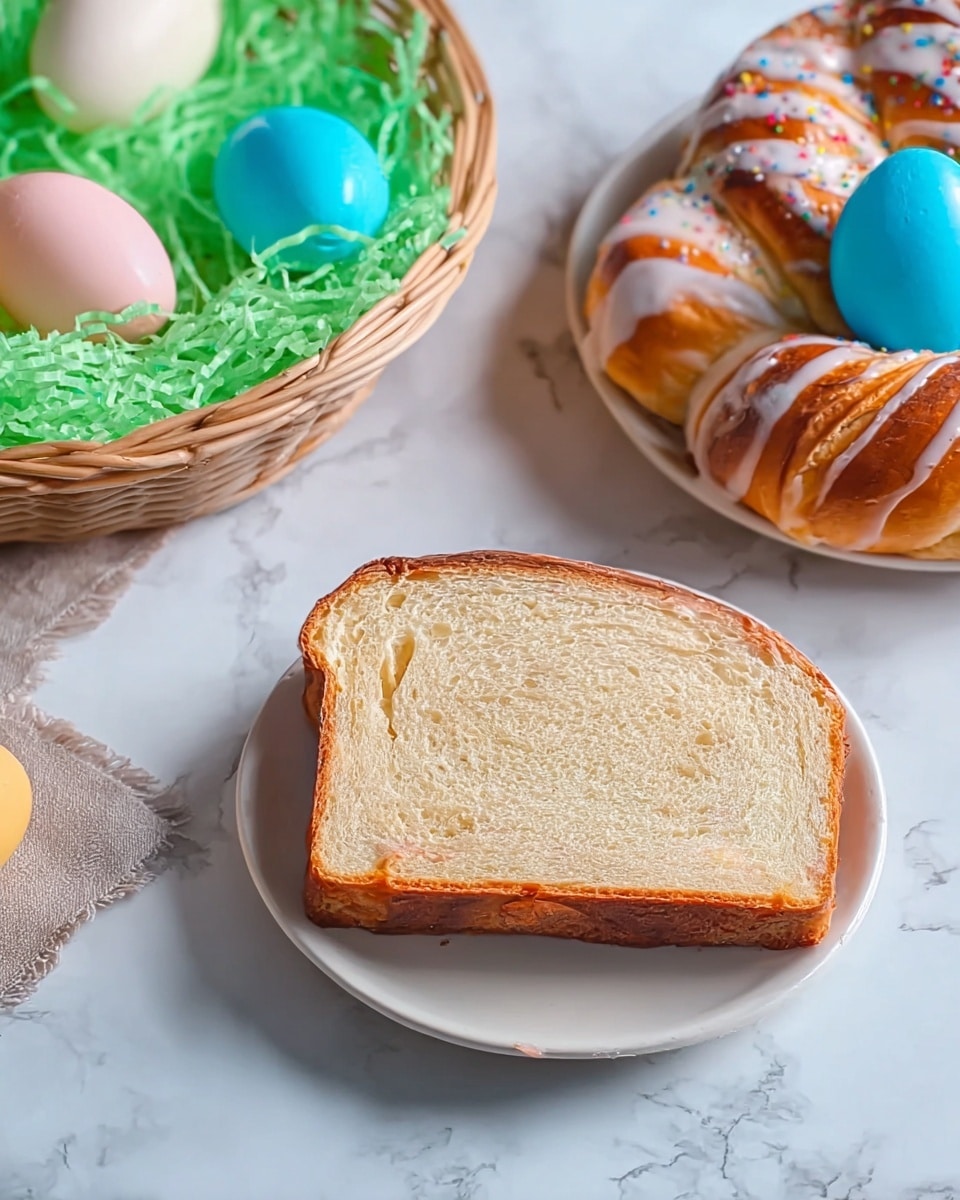 A white plate holds a thick slice of soft, light brown bread with a smooth texture, slightly golden on the edges, showing a single thin layer of light pink filling inside. To the upper right, there is a larger piece of bread with a bright blue egg nestled in the middle, surrounded by twisted light golden-brown dough and white glaze drizzled on top with colorful small sprinkles. In the upper left corner, there is a basket with green shredded paper and pastel-colored eggs in pink and blue. All items rest on a white marbled surface. photo taken with an iphone --ar 4:5 --v 7