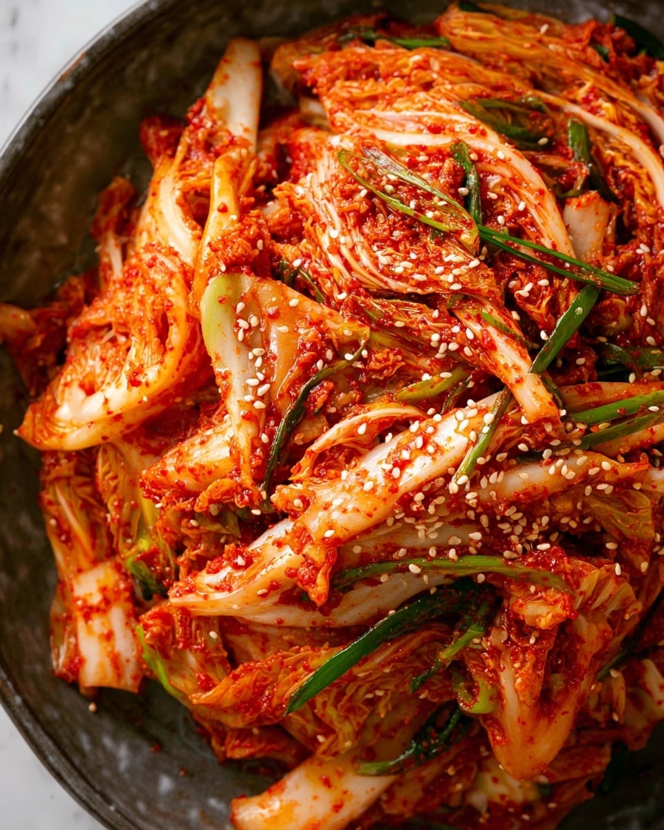 This image shows a close-up of a dish with many layers of chopped napa cabbage coated in bright red chili powder sauce. The cabbage leaves are white and light green with a slightly soft and wet texture from the sauce. Thin strips of green onions are mixed in, adding touches of green throughout. The dish is sprinkled with small light brown sesame seeds on top, giving a bit of texture contrast. The colors are mostly red from the sauce, white from the cabbage, and green from the onions, all mixed together in a rich, spicy look. The background is a white marbled texture. photo taken with an iphone --ar 4:5 --v 7