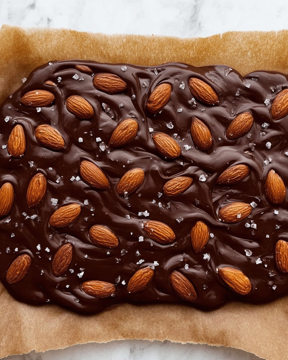 The image shows a single layer of dark chocolate spread unevenly on light brown parchment paper, with whole almonds scattered evenly on top. The chocolate has a smooth, shiny texture with small bulbs and ripples around the almonds, and tiny bits of white salt are sprinkled across the surface. The parchment paper's edges are visible, contrasting with the chocolate's dark color. The background is a white marbled texture. photo taken with an iphone --ar 4:5 --v 7