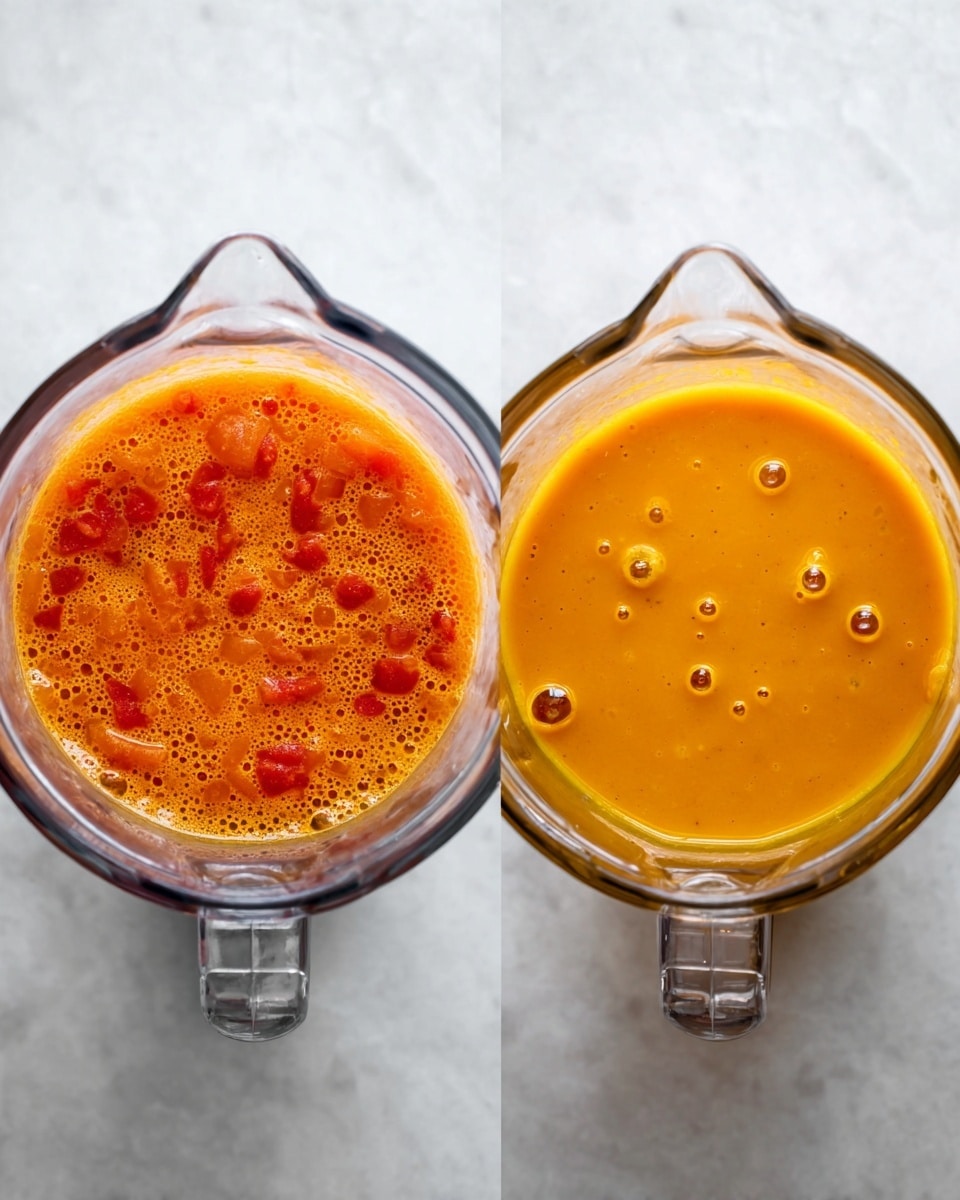 The image shows two glass blender jars placed side by side on a white marbled surface. The left jar contains a chunky mixture with visible small pieces of red and orange ingredients in a liquid, creating a textured look with bubbles on the surface. The right jar holds a smooth, bright orange blend with a creamy texture and small bubbles, showing a pureed consistency. Both jars have clear handles and the light shines evenly from above, highlighting the colors and textures inside them. photo taken with an iphone --ar 4:5 --v 7