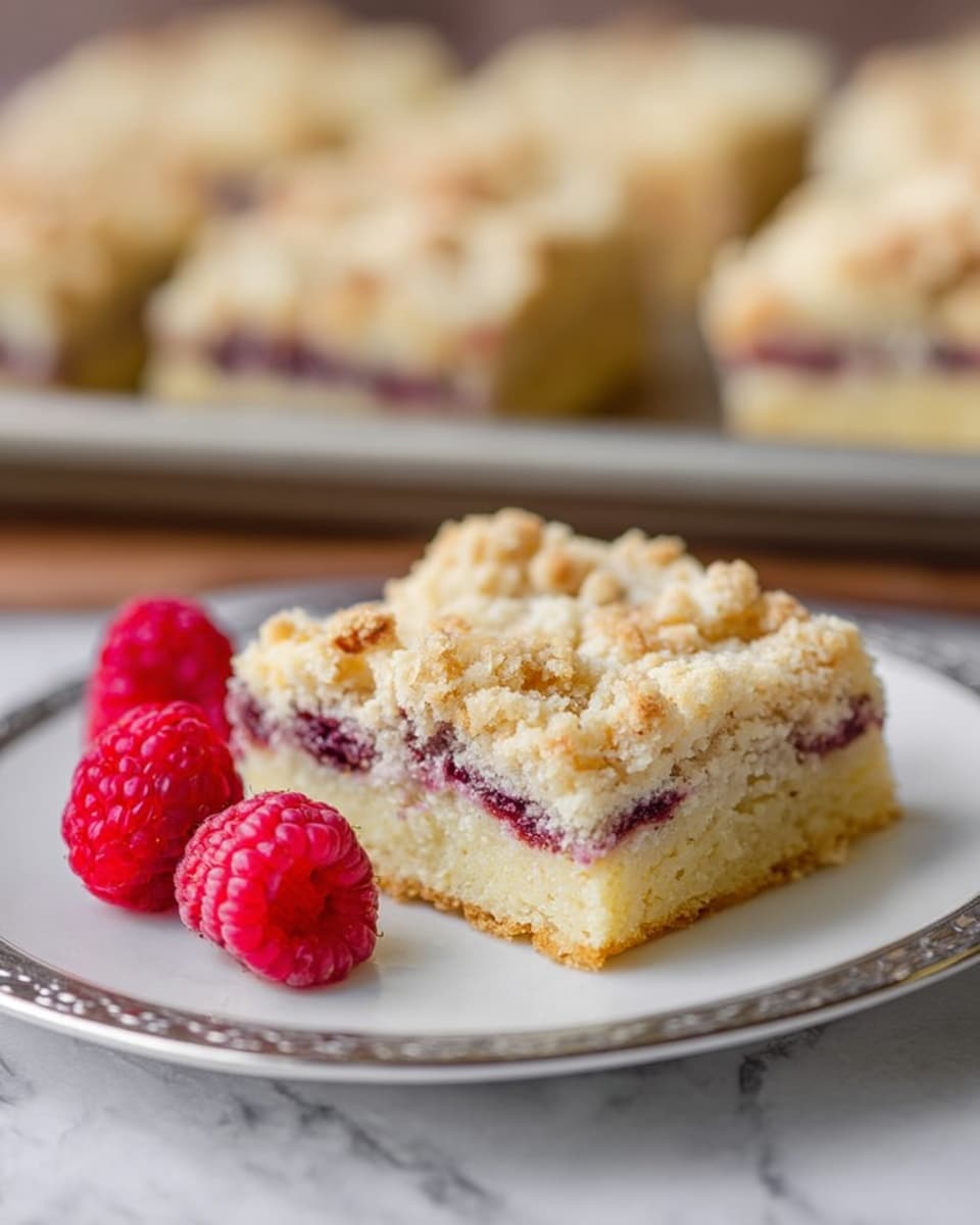 A square piece of crumb cake sits on a white plate with a silver rim. The cake has three layers: a soft, light yellow base, a thin purple layer of berry filling in the middle, and a thick crumbly top layer sprinkled with chopped nuts. Three fresh, bright red raspberries rest next to the cake on the plate. In the background, more crumb cake squares can be seen on a tray, slightly out of focus, all placed on a white marbled surface. photo taken with an iphone --ar 4:5 --v 7
