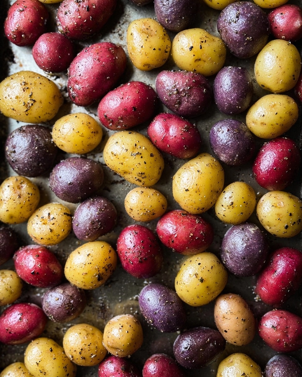 The image shows a single layer of small potatoes scattered across a shiny silver baking tray. The potatoes come in three colors: yellow, red, and purple, each with a smooth, firm texture. They are coated with a light layer of olive oil, salt, and cracked black pepper, giving them a slightly glistening and speckled surface. The arrangement is random, and the tray's reflective metal surface creates subtle highlights and shadows around each potato. Photo taken with an iphone --ar 4:5 --v 7