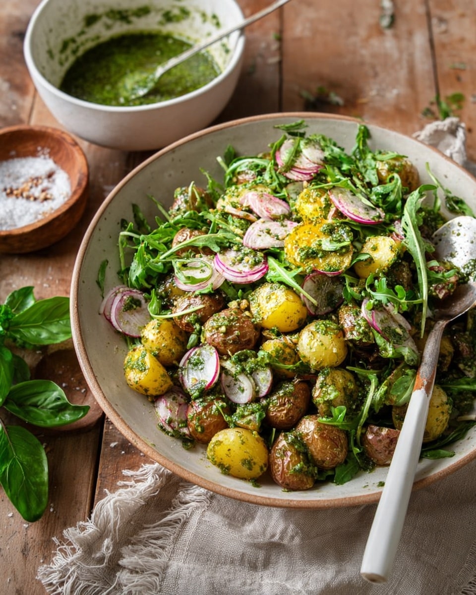 The image shows a close-up of a colorful potato salad served in a round wooden bowl, placed on a white marbled surface. The salad is made up of several layers, with the base layer consisting of halved golden and red baby potatoes, roasted with a slightly crisp texture and golden brown edges. Interspersed throughout are thin slices of white radish with purple edges, adding a crisp and fresh contrast. Scattered leafy greens, like arugula and fresh basil, add vibrant green color and a soft texture throughout the dish. On top, a bright green herb dressing or pesto is drizzled over the salad, made of finely chopped herbs, olive oil, and pine nuts that add texture and richness. A silver spoon with a wooden handle is partially dipped into the salad on one side. The photo taken with an iphone --ar 4:5 --v 7