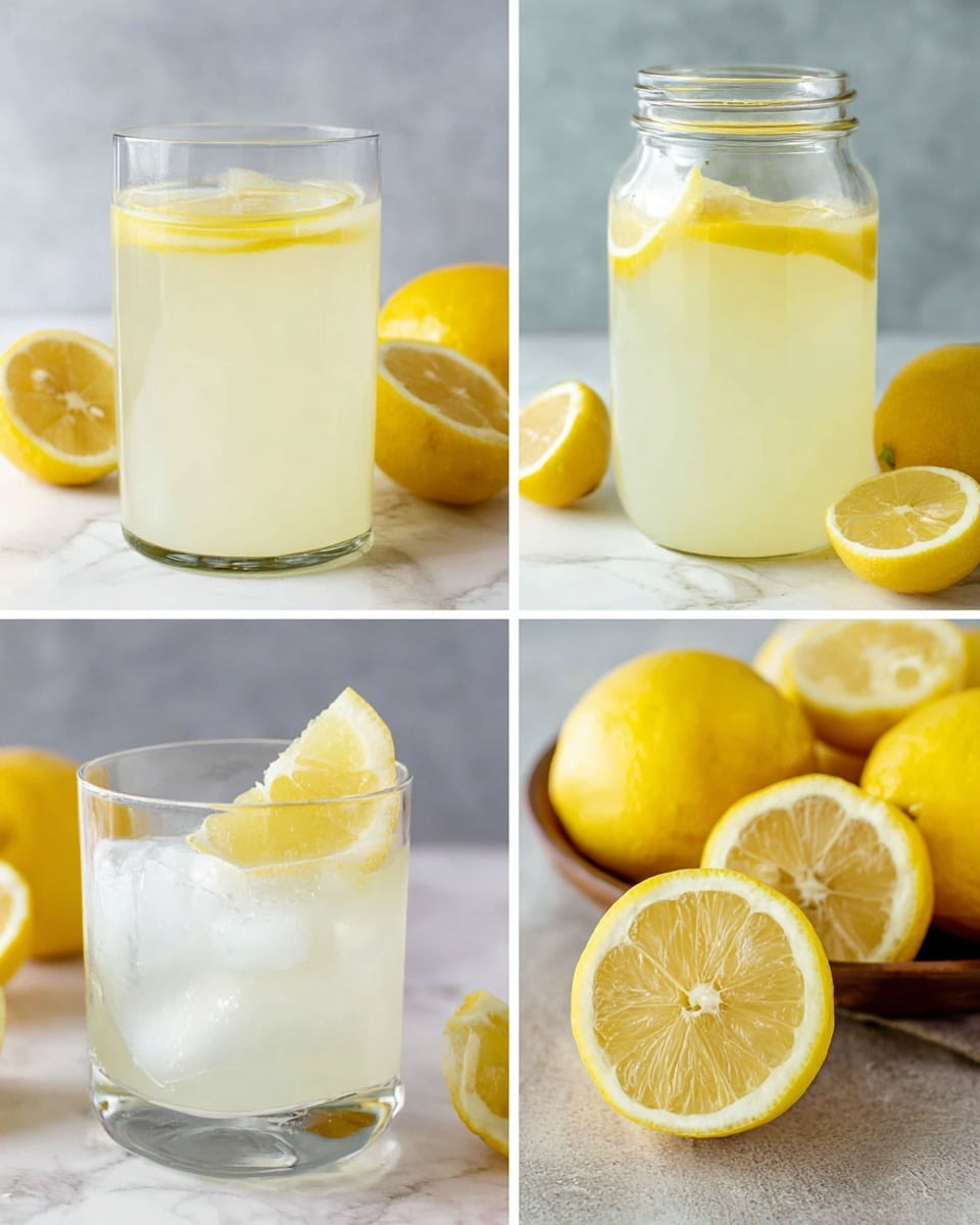 A clear glass pitcher filled with pale yellow lemonade, showing a layer of round lemon slices and large lemon peels floating below the rim near the top, with visible ice cubes inside the liquid. The pitcher is placed on a white marbled surface with a few whole and halved lemons partially visible on the right and left sides. The background is also a white marbled texture to keep the focus on the pitcher. Photo taken with an iphone --ar 4:5 --v 7