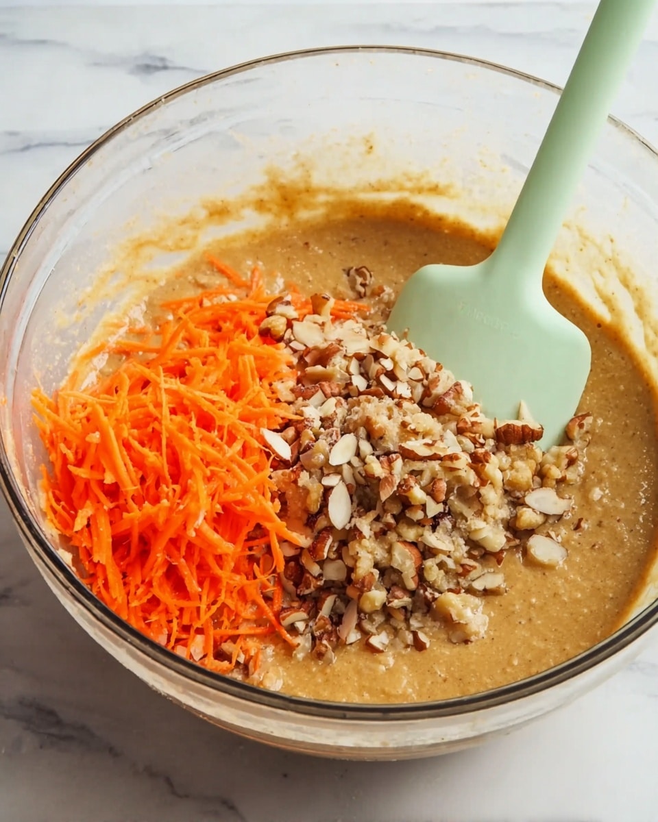 The image shows a clear glass bowl filled with a light brown batter that looks smooth and thick. On top of the batter, there are bright orange shredded carrot pieces mostly on one side and a pile of chopped nuts with brown and beige tones next to the carrots. A pale green silicone spatula is standing inside the bowl, dipping slightly into the batter. The bowl is placed on a white marbled surface that has soft gray veins. photo taken with an iphone --ar 4:5 --v 7