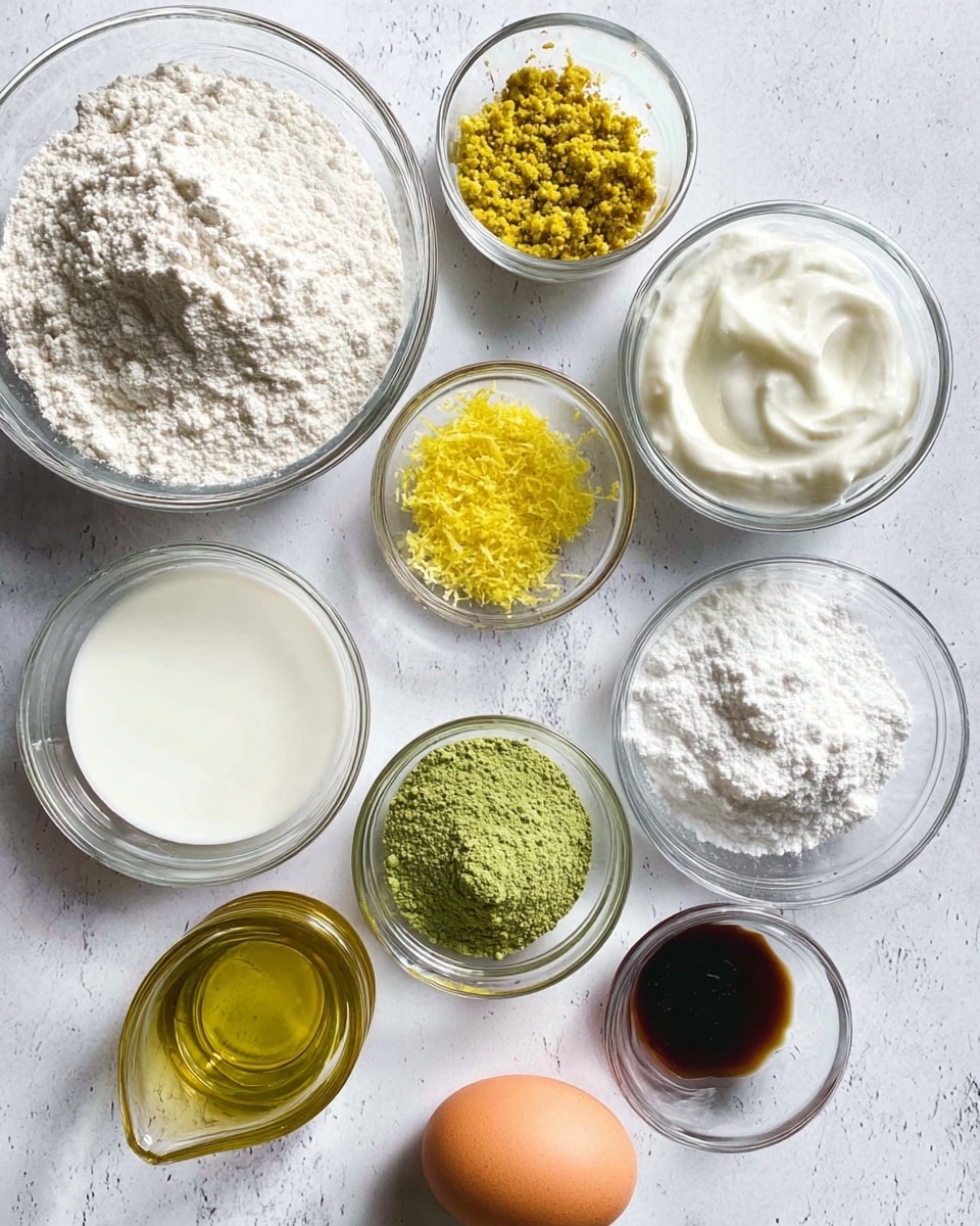 The image shows a top view of various baking ingredients neatly placed on a white marbled surface. There are nine clear glass bowls and containers arranged in a loose circle: a large bowl with white flour on the left, a measuring cup with crushed yellow nuts at the top left, a bowl with white milk at the top center, a bowl of thick white yogurt or sour cream at the top right, a small bowl with yellow lemon zest in the center, a glass bowl with green matcha powder at the bottom center, a bowl containing white powders like baking soda and baking powder to the right, a whole brown egg below that, and a container of dark vanilla extract near the bottom right. There is also a small glass jug with yellow oil at the bottom left. The ingredients are clean and well separated, ready for use in baking. Photo taken with an iphone --ar 4:5 --v 7