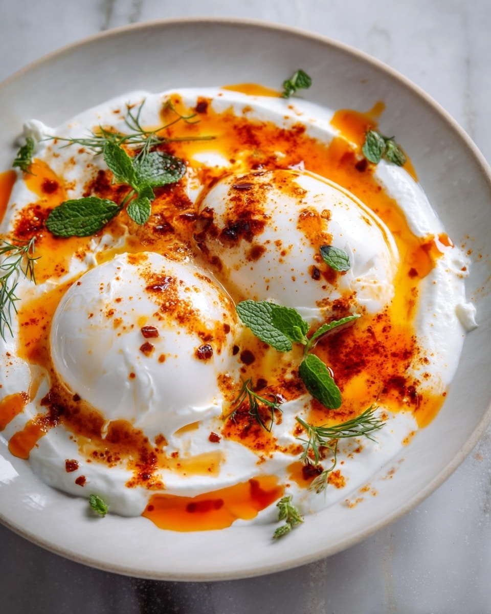 The dish shows two white poached eggs placed close together in the center of a white plate. Around the eggs is a thick layer of smooth, white yogurt sauce. Over the yogurt, there are bright orange-red oil and spice droplets and streaks, creating a textured and colorful contrast. Small green herb leaves and sprigs are scattered near the eggs, adding fresh green touches. The plate sits on a white marbled surface. The overall look is fresh, creamy, and spicy with a mix of soft and oily textures. photo taken with an iphone --ar 4:5 --v 7